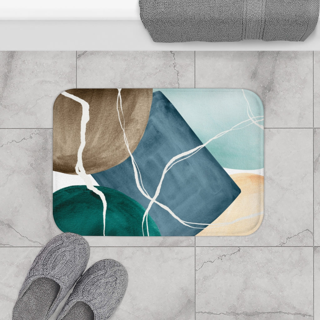 Boho Bath Mat | Geometric | Navy Blue | Brown Beige | Forest Green | Bathroom Rug