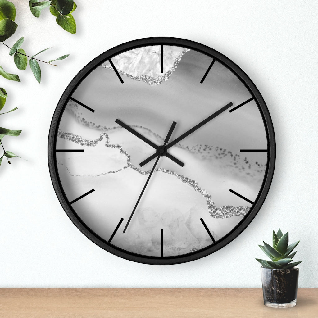 Marble Print, Wood, Wall Clock, Gray Silver 10"