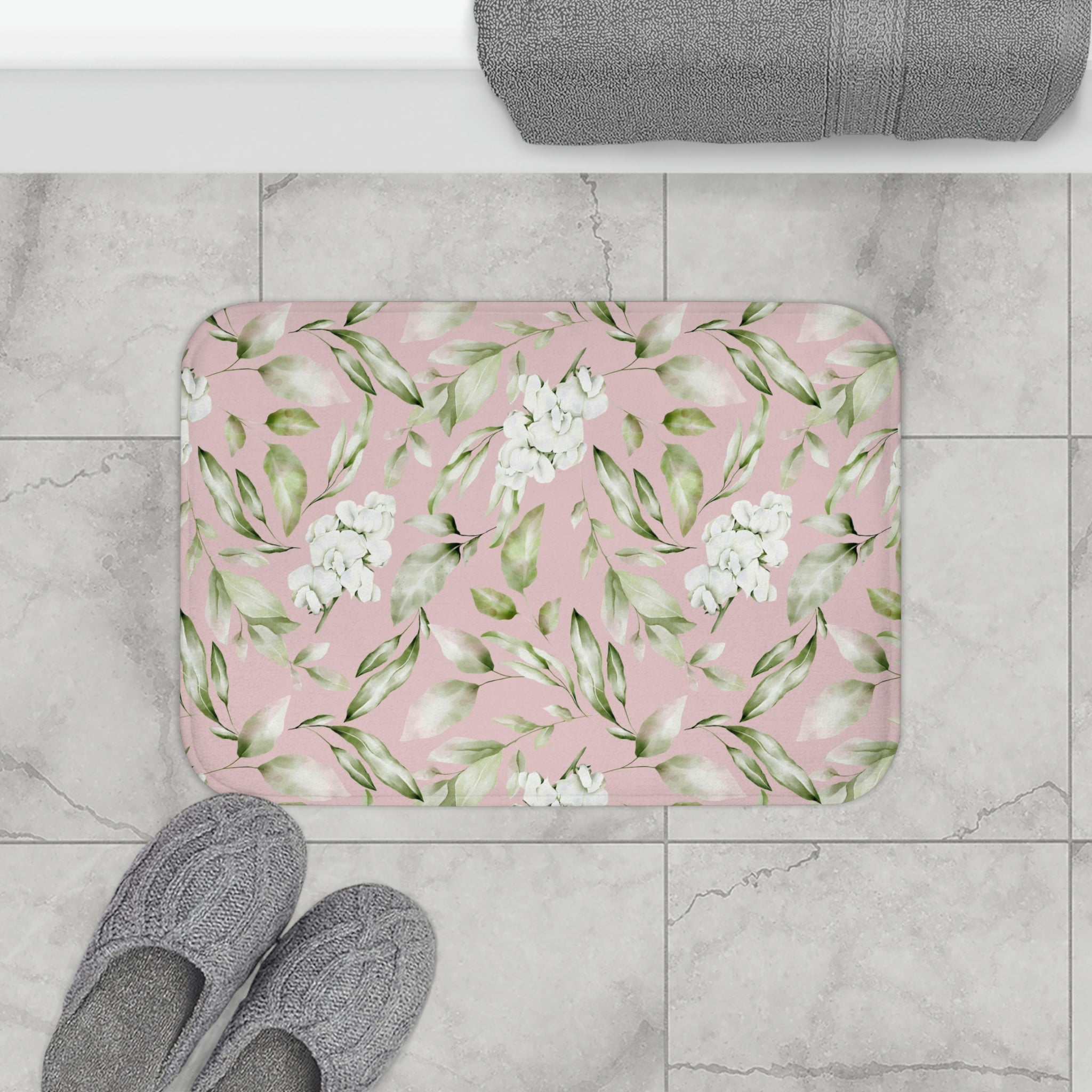 Boho Floral Bath, Kitchen Mat | Blush Pink, Sage Green, White Botanical