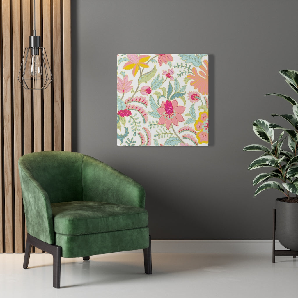 FLORAL WALL CANVAS ART | Teal White Pink Yellow