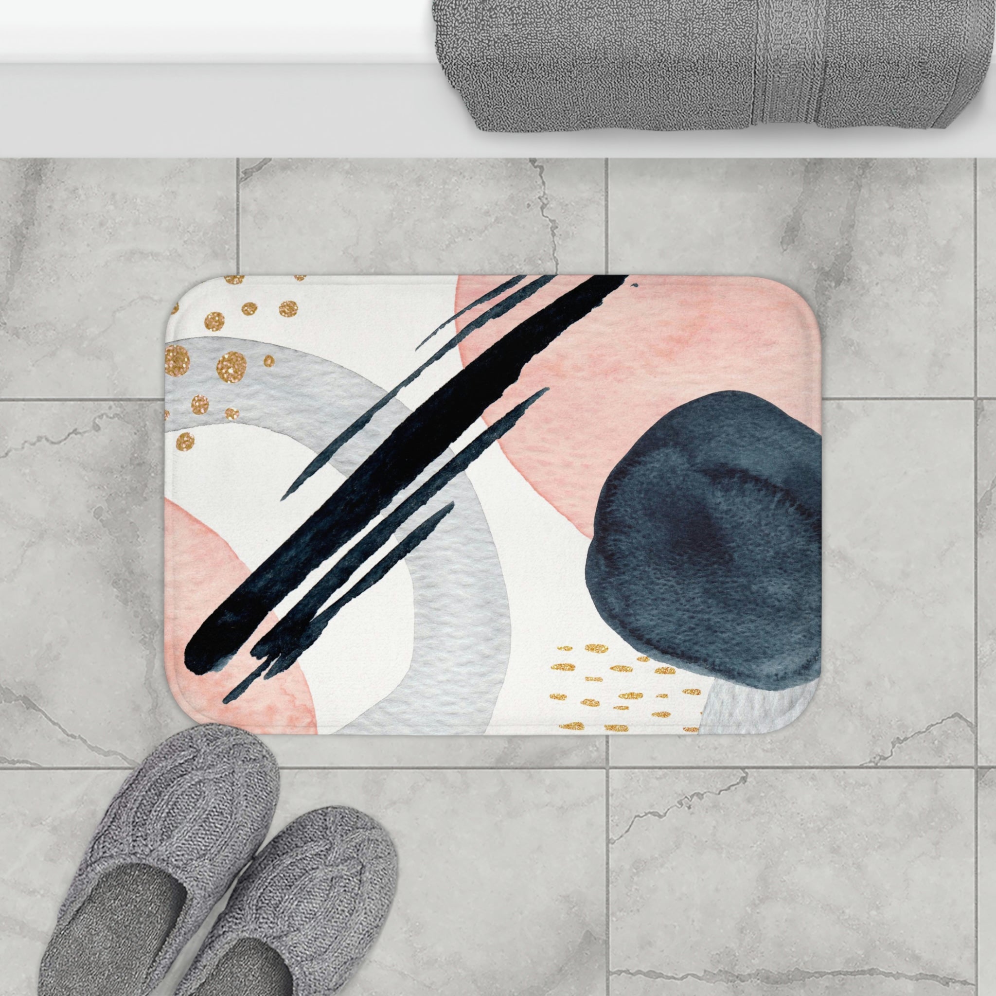 Abstract Bath, Kitchen Mat | Blush Pink, White, Navy Blue