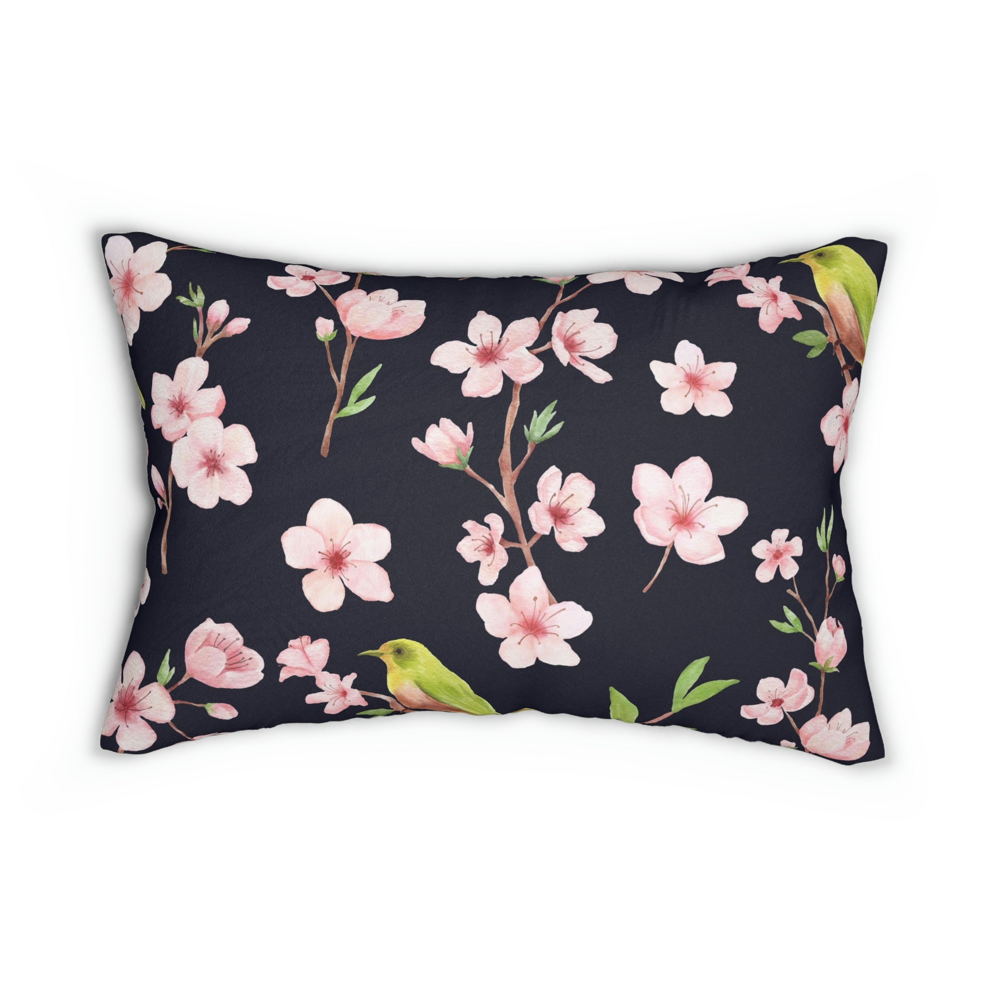 Sakura Lumbar Pillow | Pink Floral, Green Bird, Black