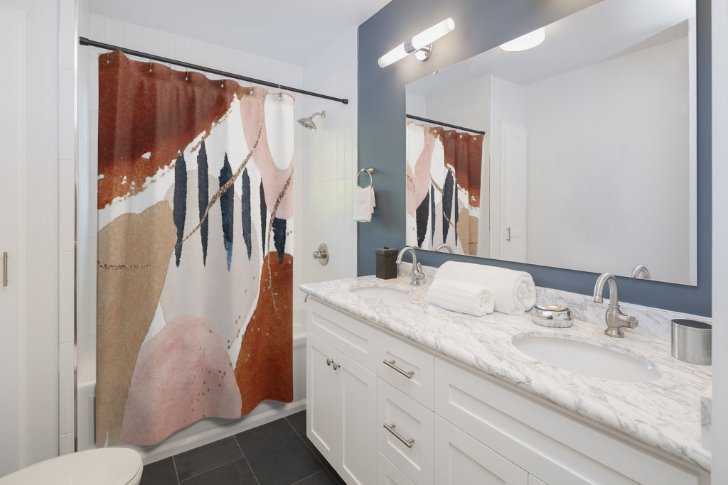 Abstract Boho Shower Curtain | Beige Blush Pink Navy Blue