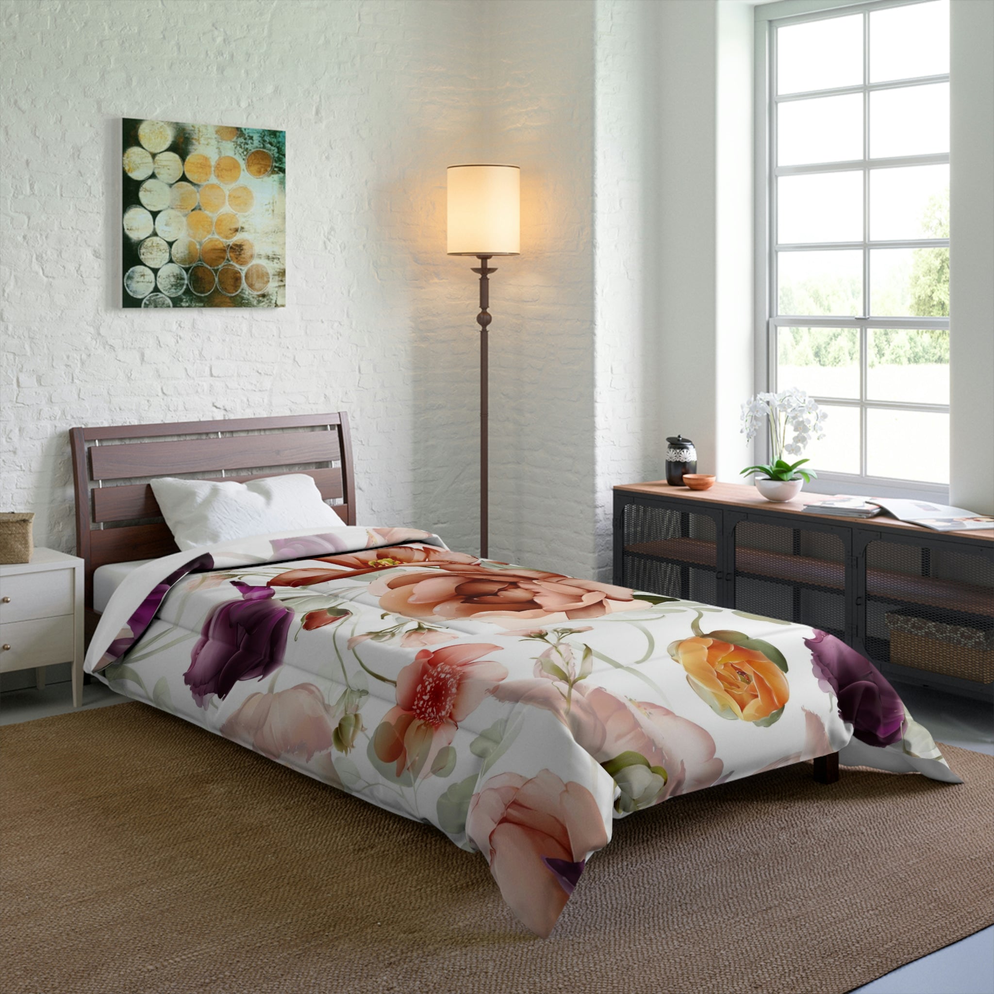 Floral Comforter | White Purple Rust Peonies Garden