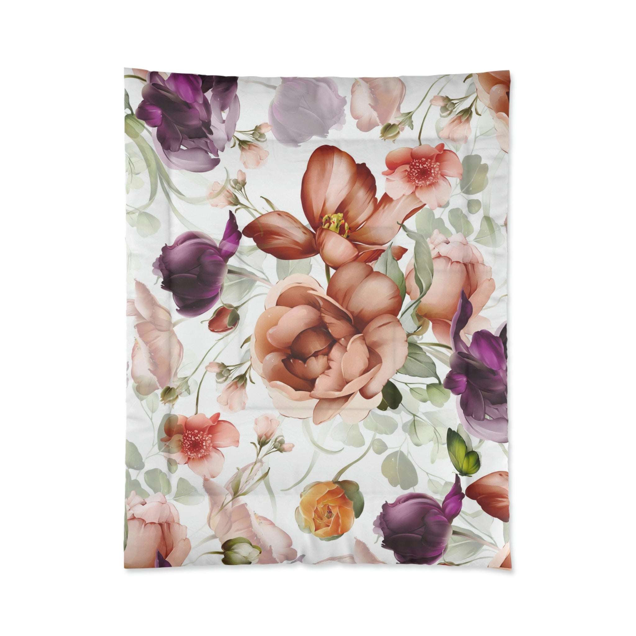 Floral Comforter | White Purple Rust Peonies Garden