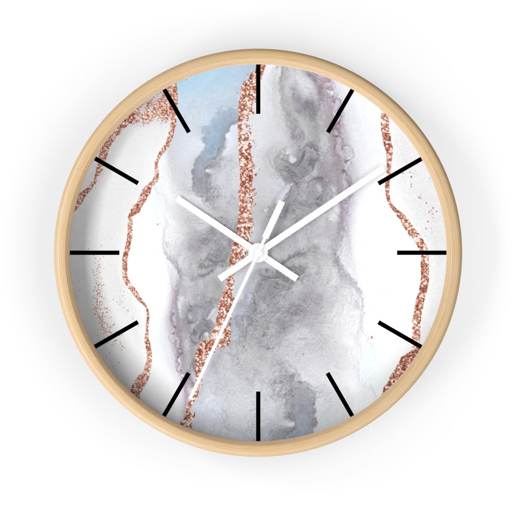 Marble Print, Wood, Wall Clock, Gray Gold 10"