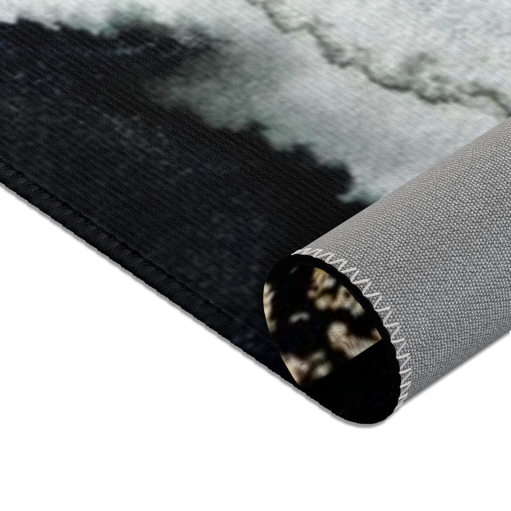 Boho Area Rug | Navy Gray Ombre Green Leaves