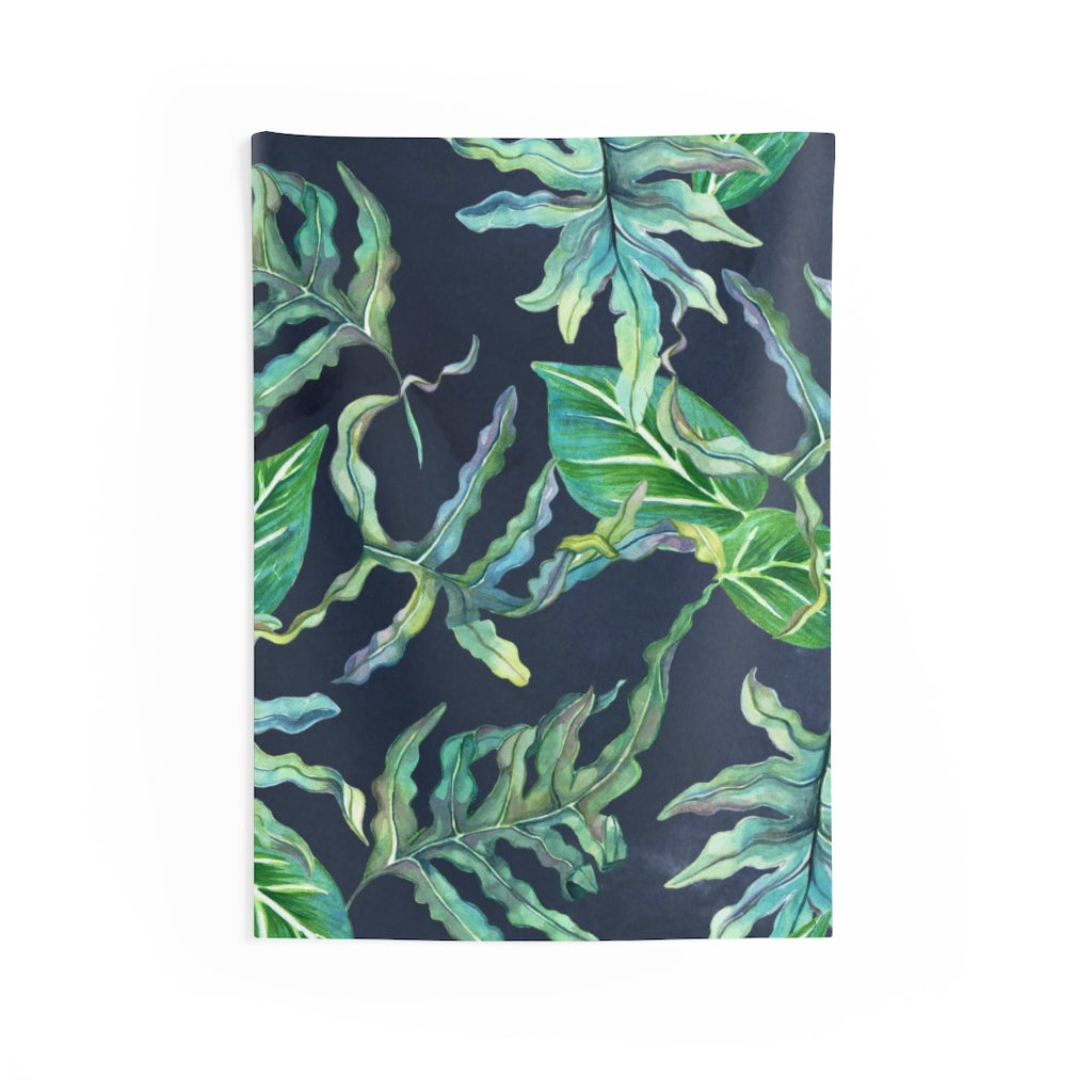 Floral Tapestry | Navy Blue Green Tropical Leaves