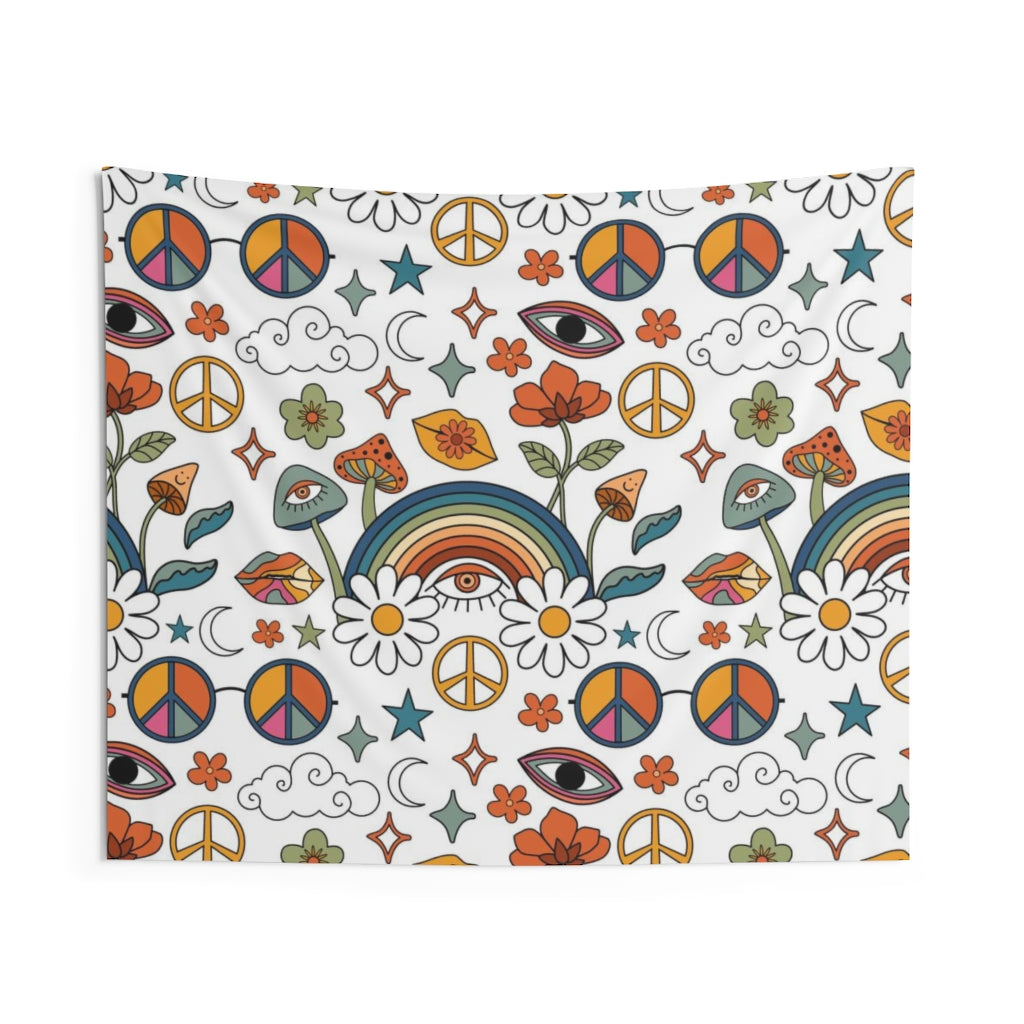 Retro Tapestry | Rainbow White Hippie Icons