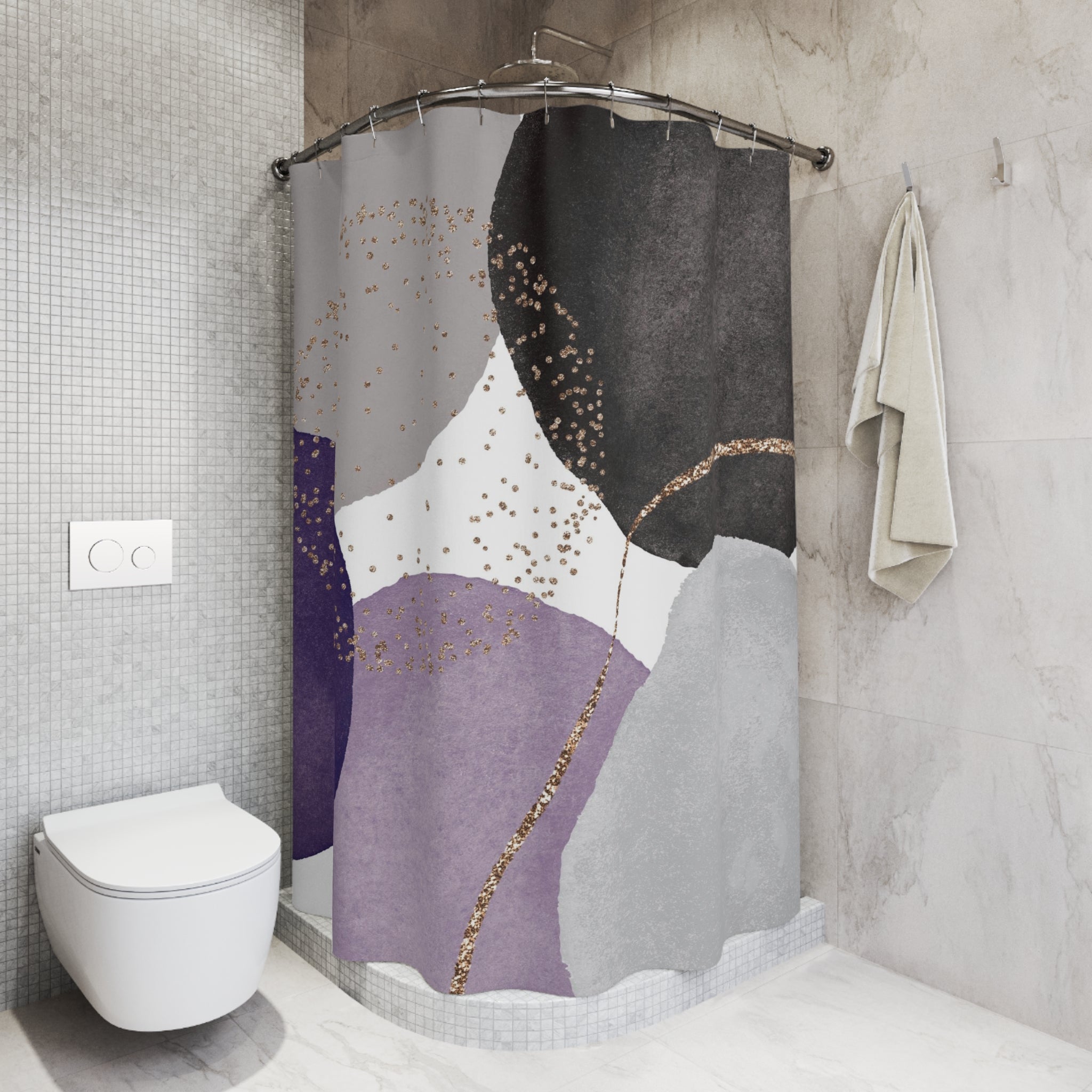 a white toilet sitting next to a shower curtain