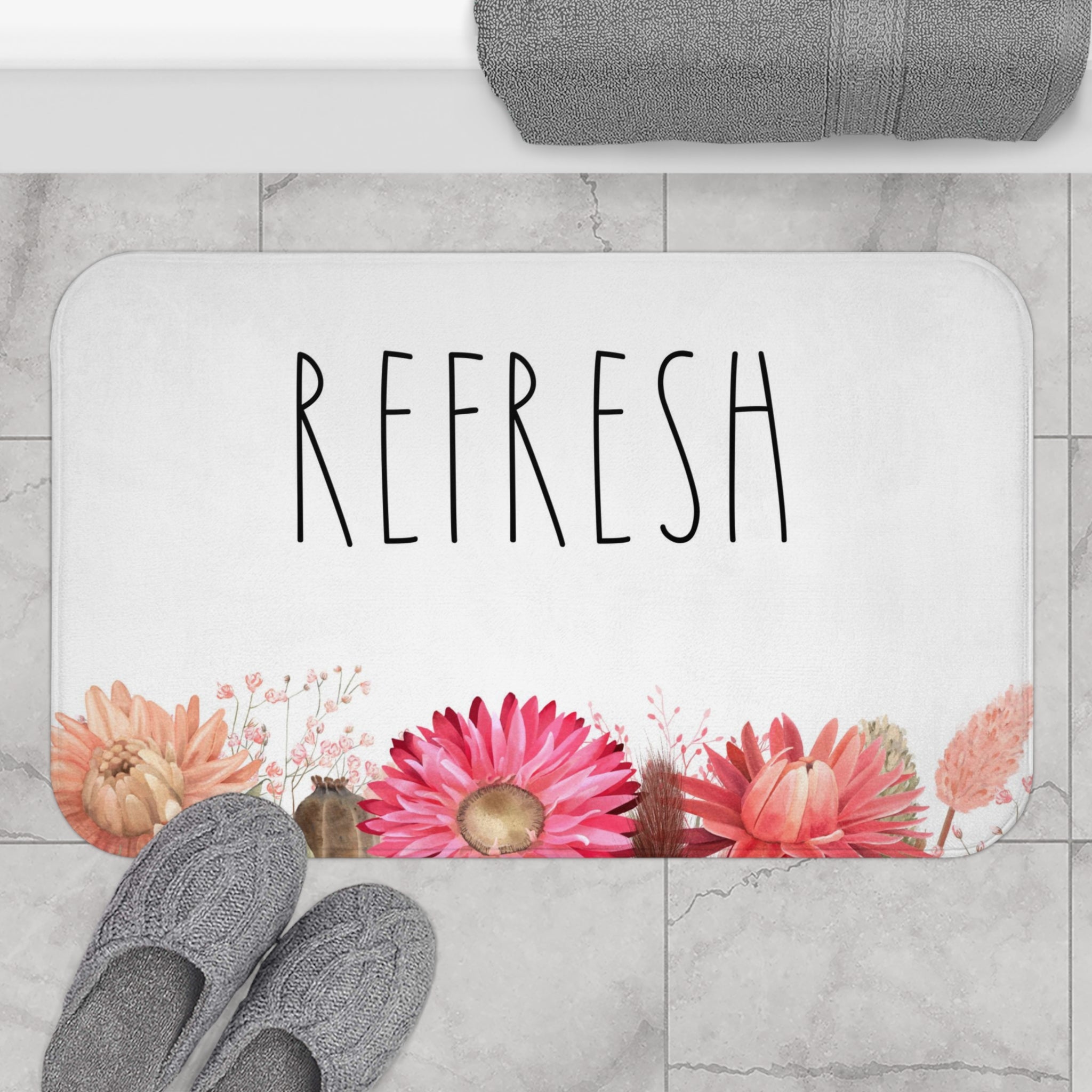 Bath Kitchen Mat Floral White Refresh in a styled bathroom