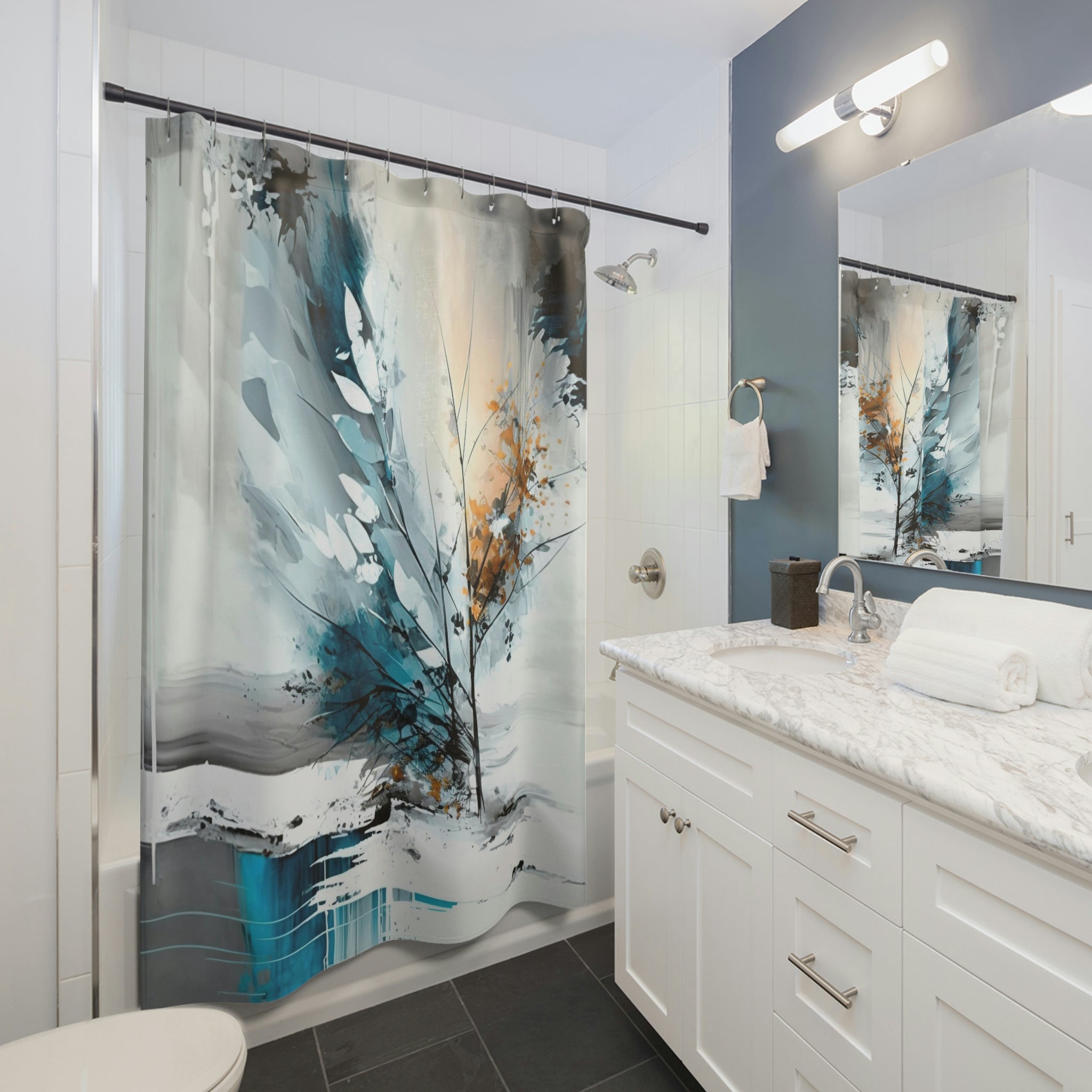 Abstract Shower Curtain | White Blue Gray Landscape