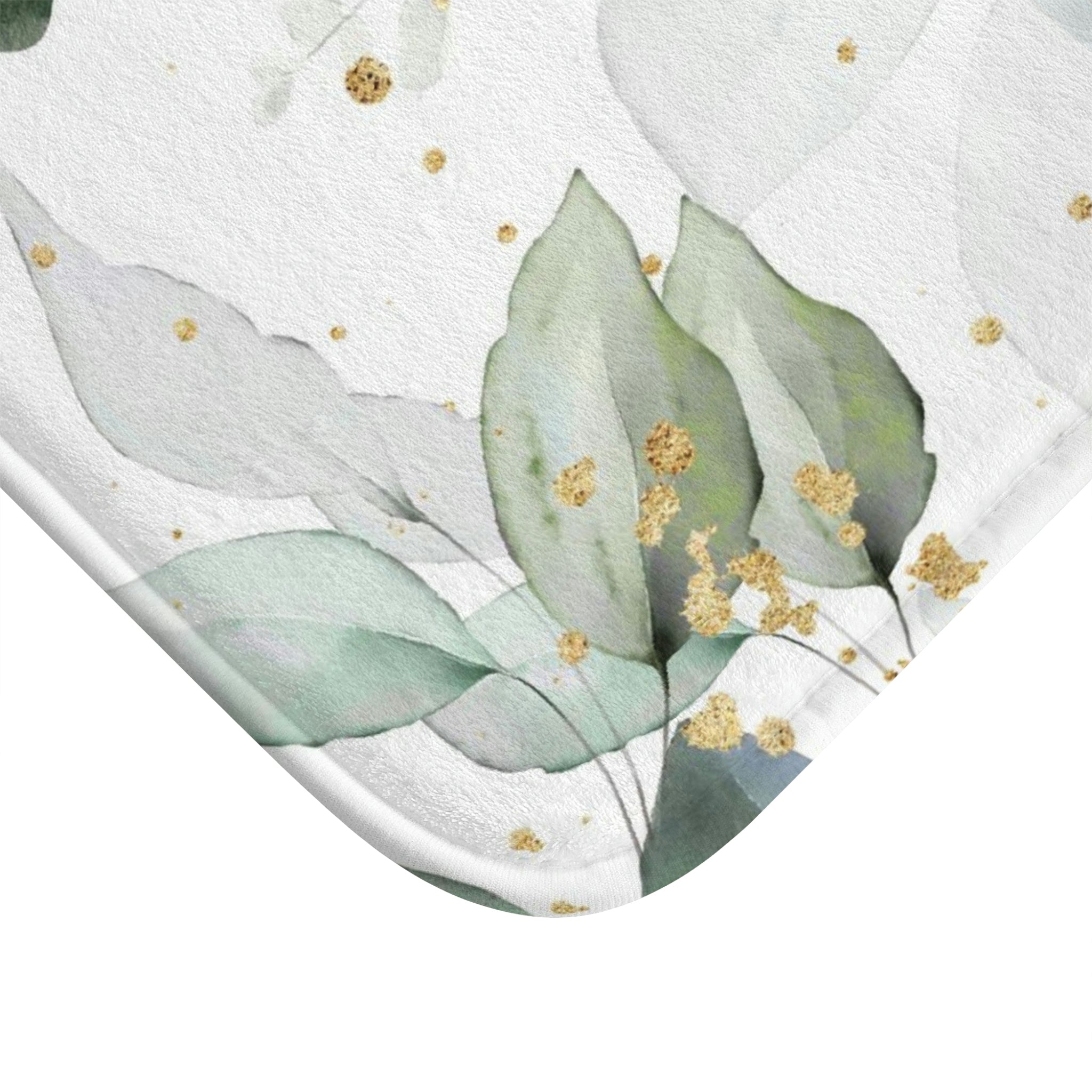 Boho Bath Kitchen Mat Floral Eucalyptus Sage Green White in a styled bathroom