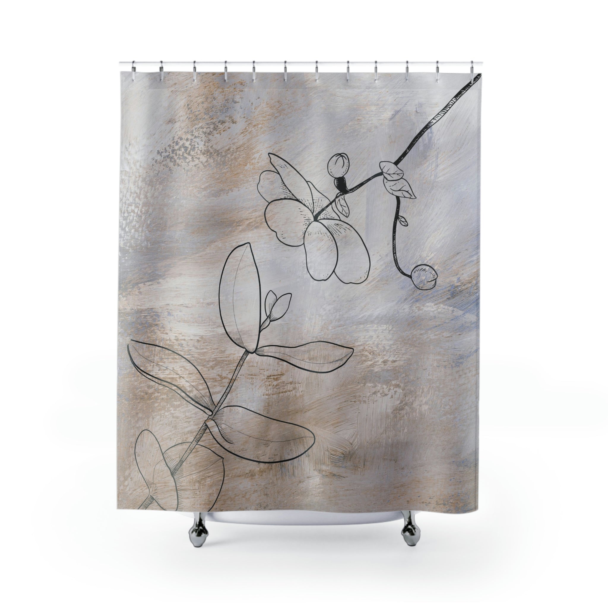 a grey and beige shower curtain with a picture of a flower on it