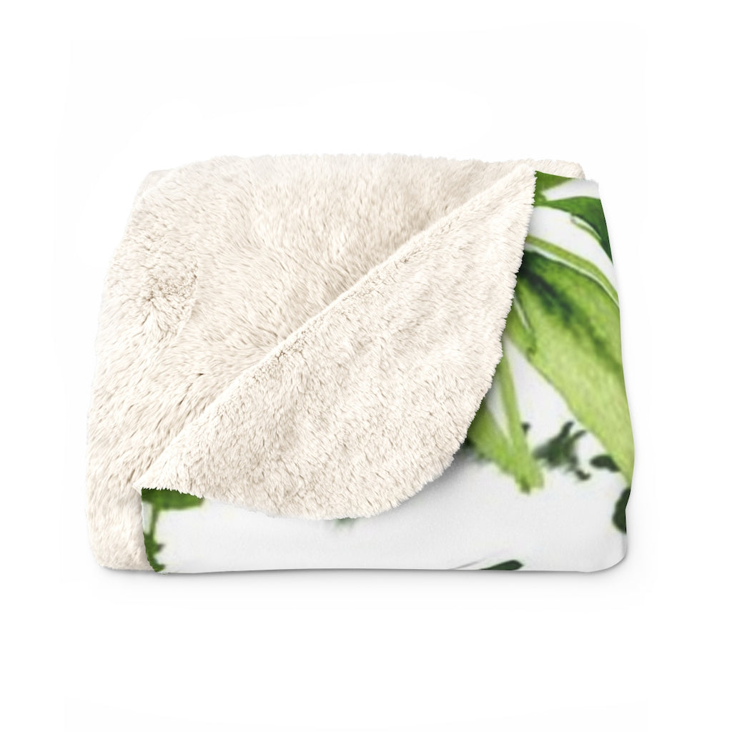 Floral Boho Comfy Blanket | White Green Tropical Leaves