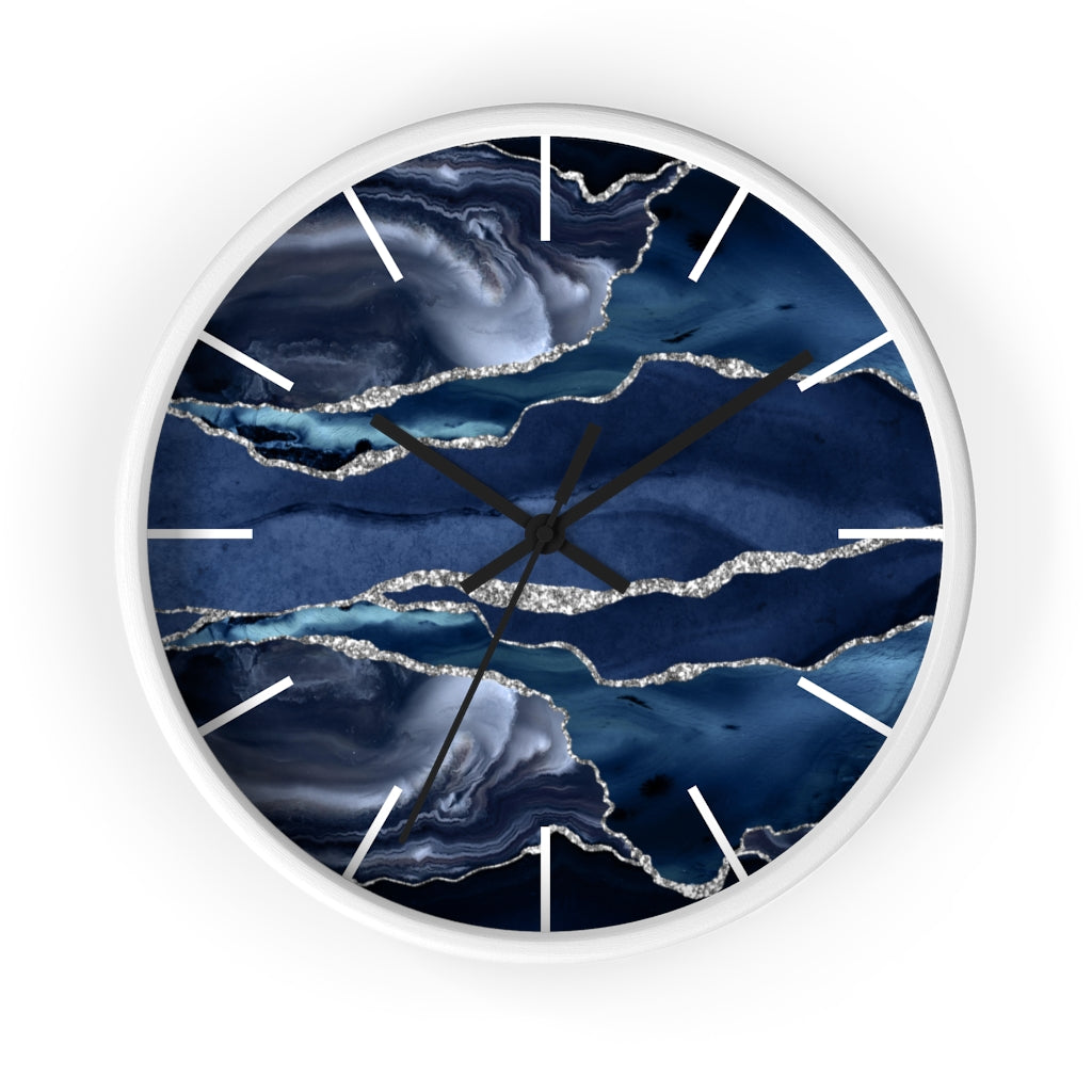 Marble Print, Navy Silver, Wood Wall Clock 10"