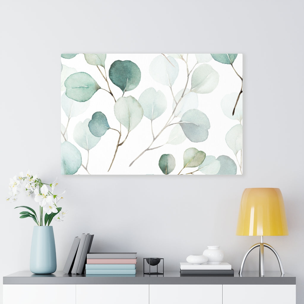 FLORAL WALL CANVAS ART | White Green Eucalyptus Leaves