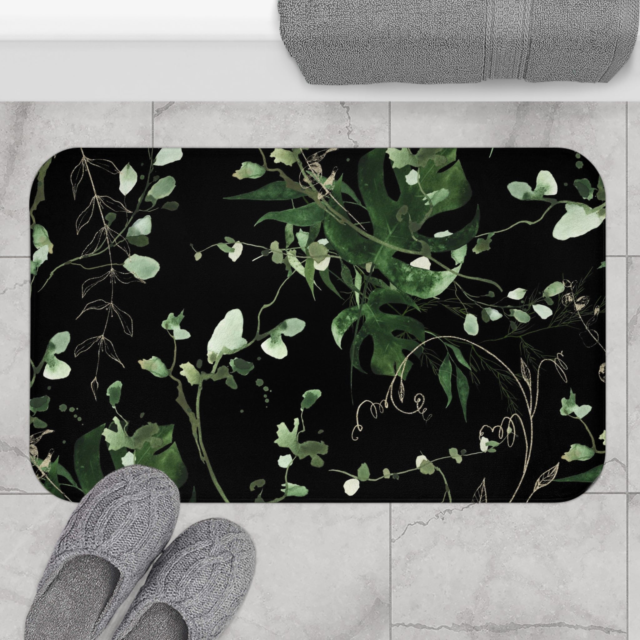 Floral Boho Bath, Kitchen Mat, Rug | Jungle Black Monstera Sage Green Leaves