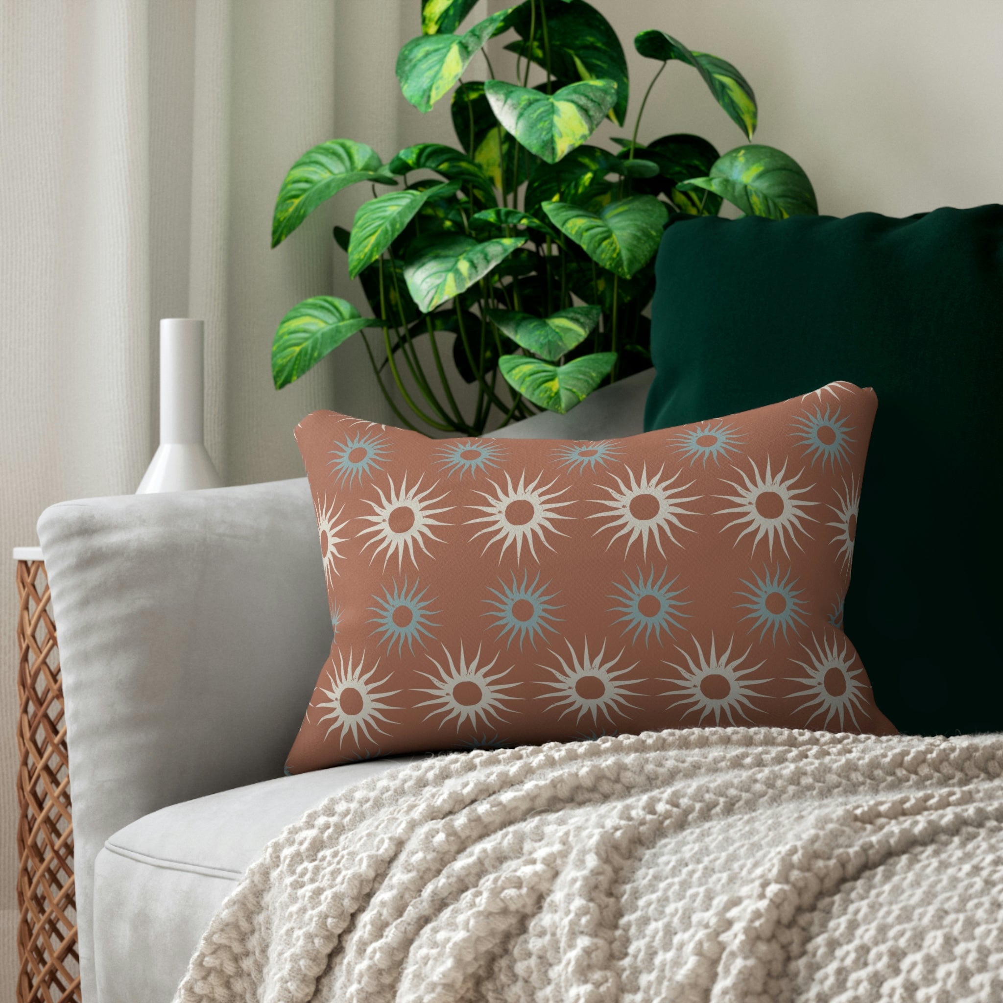 Retro Boho Lumbar Pillow | Neutral Teal Rust Sunbursts