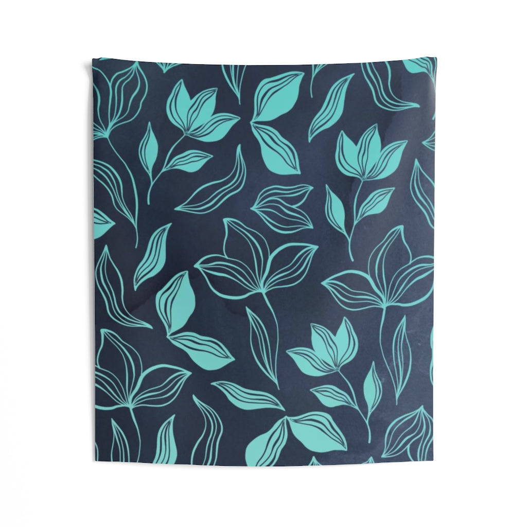 Floral Tapestry | Navy Blue Teal Leaves