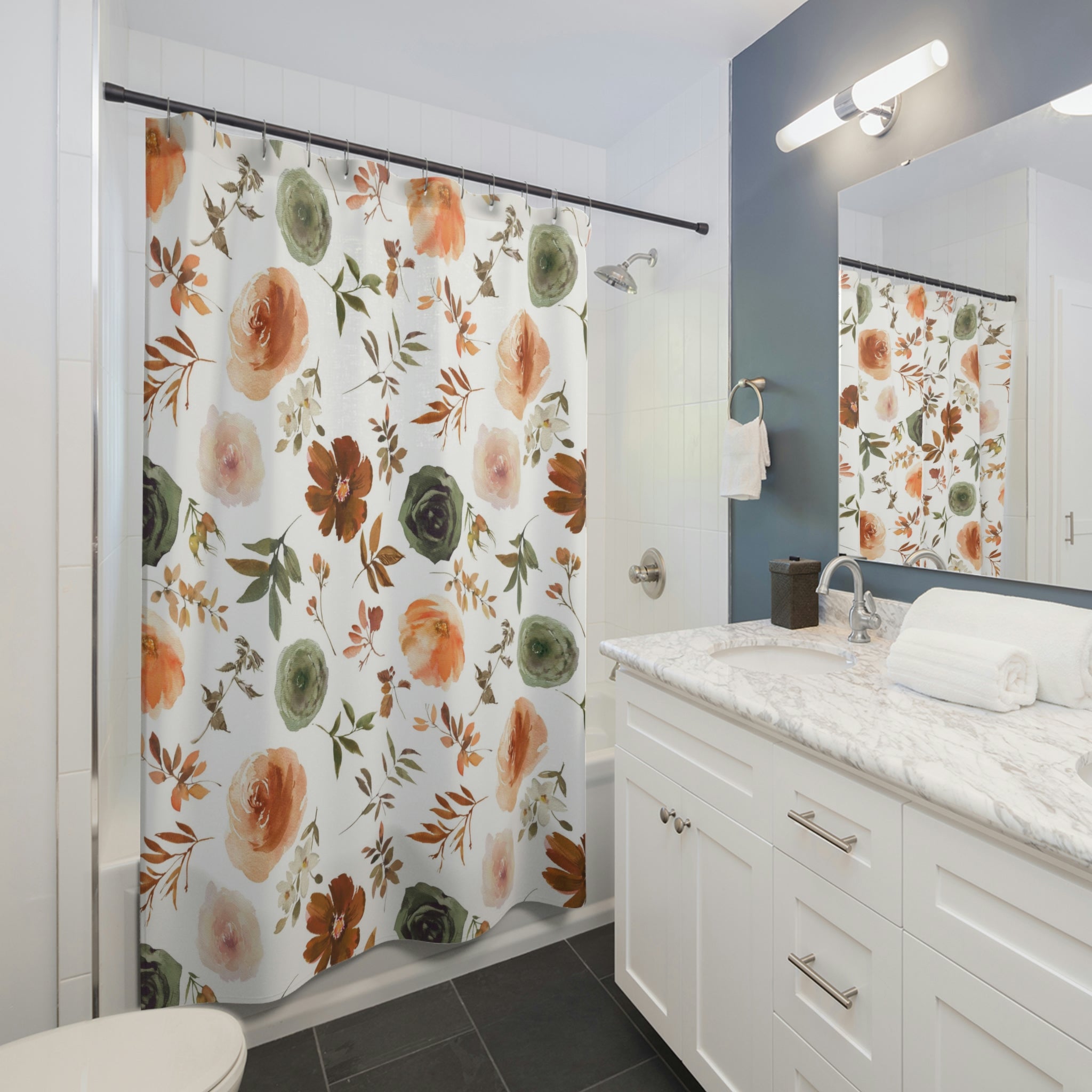 Boho Shower Curtain | Sage Green, Brown Beige White Flowers