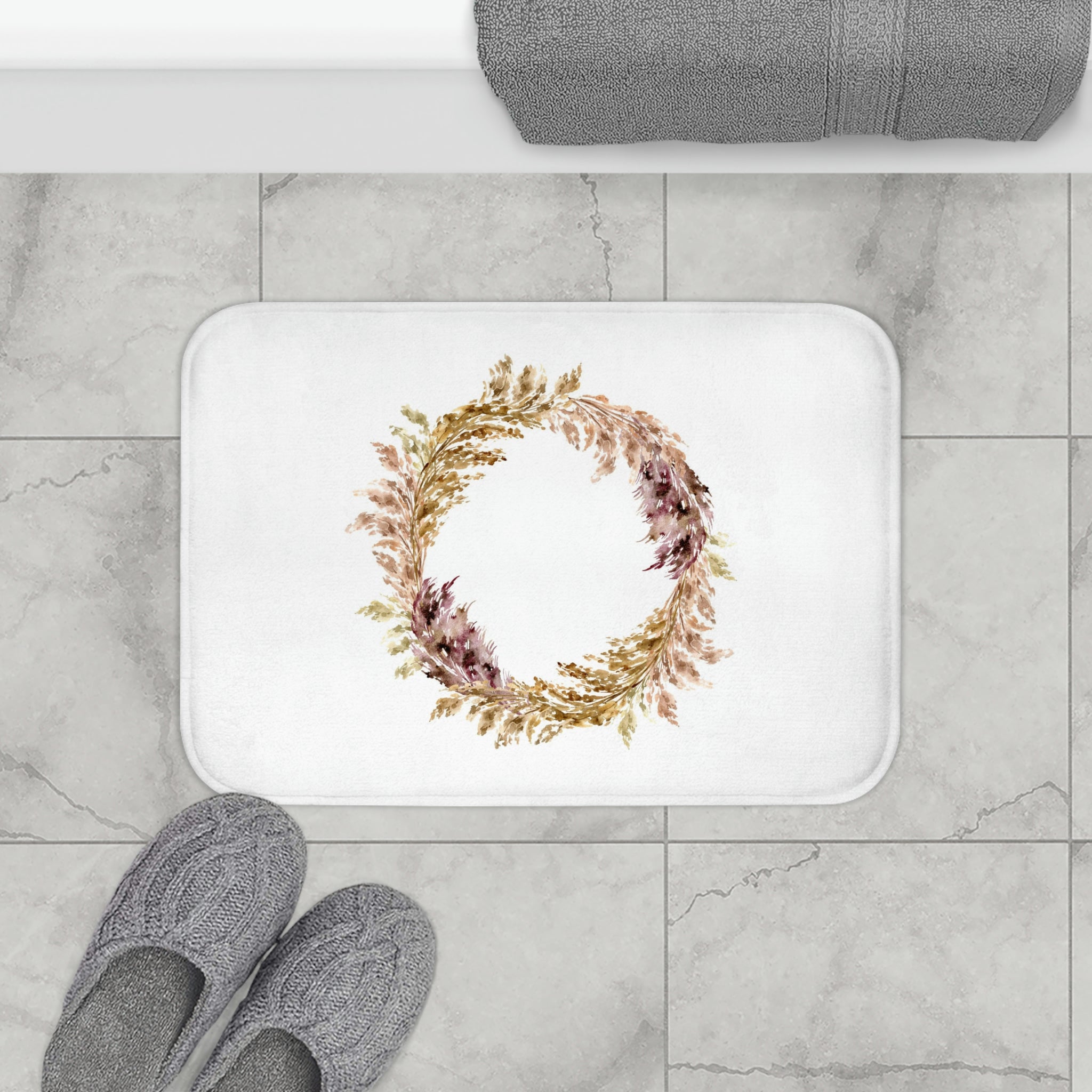 Pampas Floral Wreath Bath, Kitchen Mat | Earthy Beige