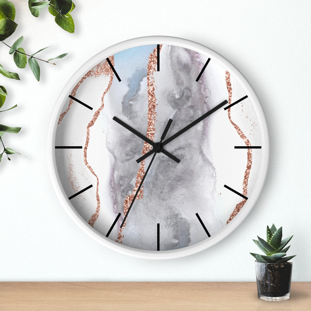 Marble Print, Wood, Wall Clock, Gray Gold 10"