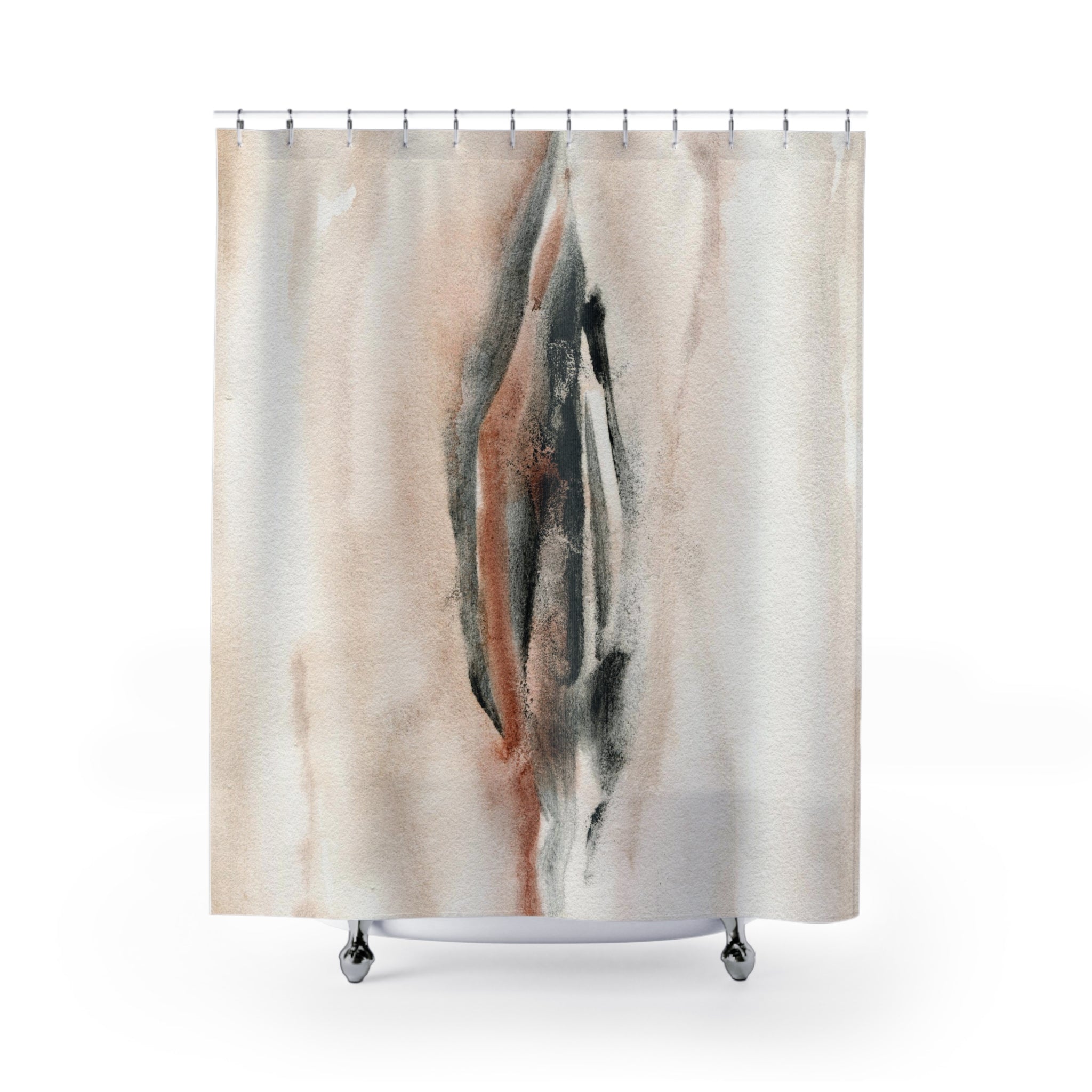 a black and beige artsy shower curtain