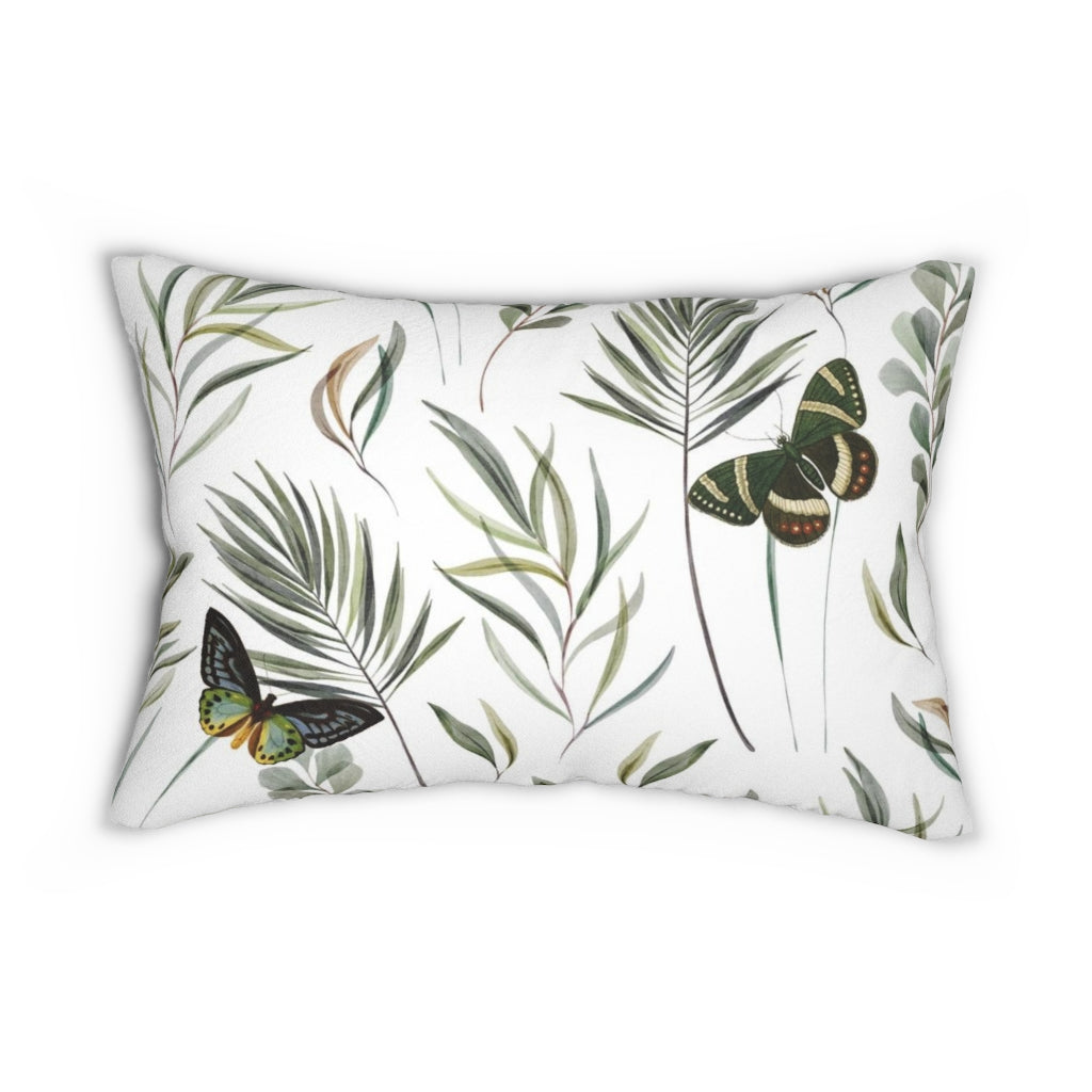 Floral Boho Lumbar Pillow | White Green Butterfly
