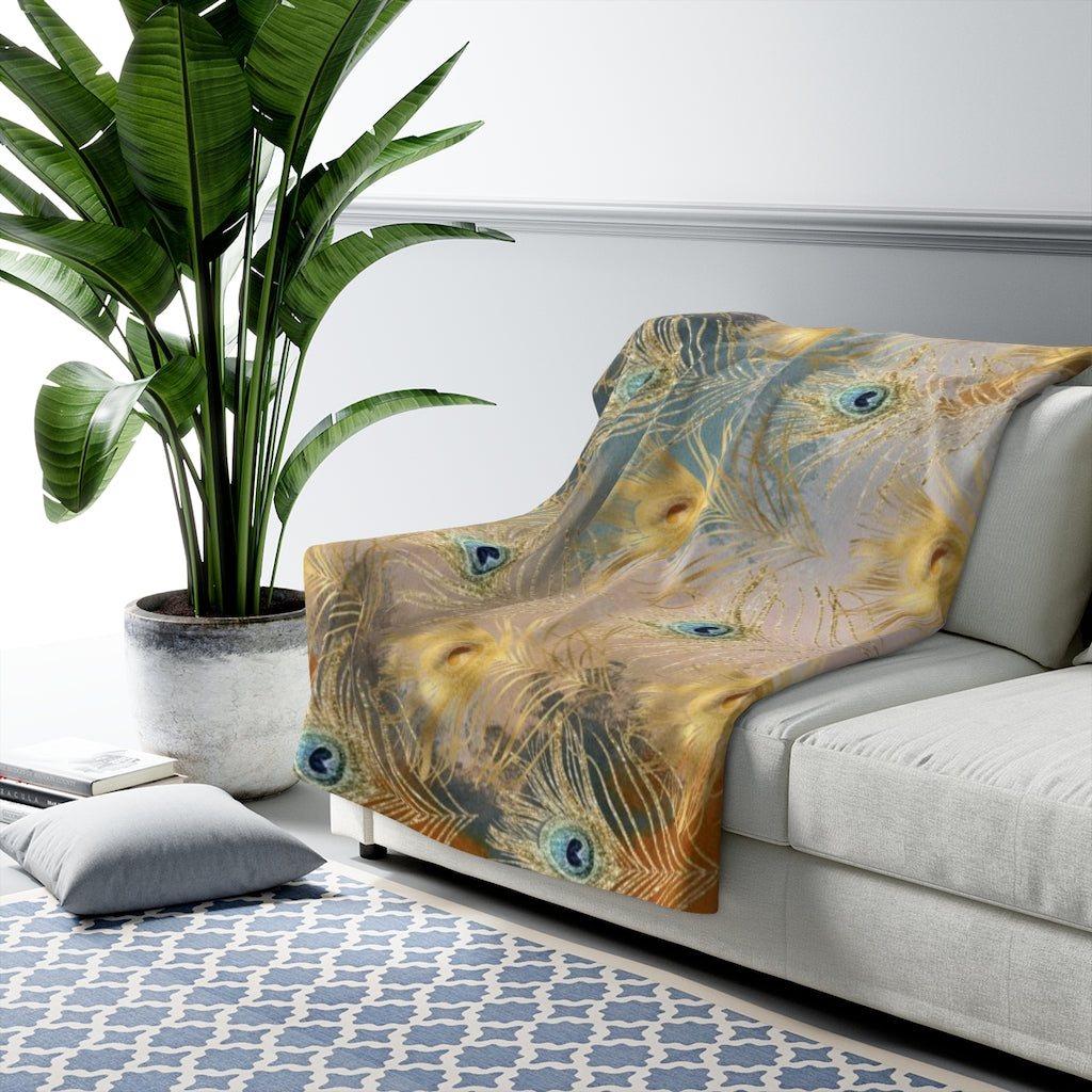 Boho Comfy Blanket | Gold Navy Rust Feathers