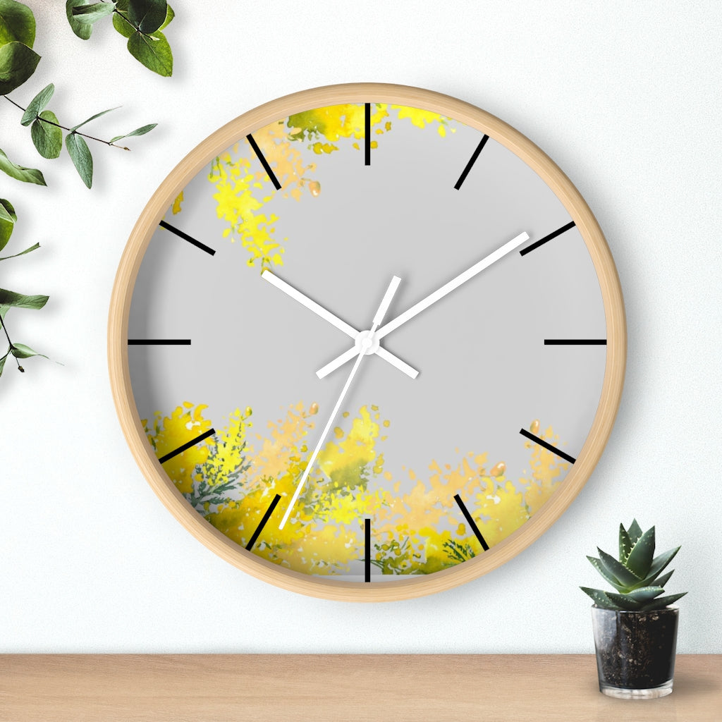 Floral 10" Wood Wall Clock | Gray Yellow Mimosa