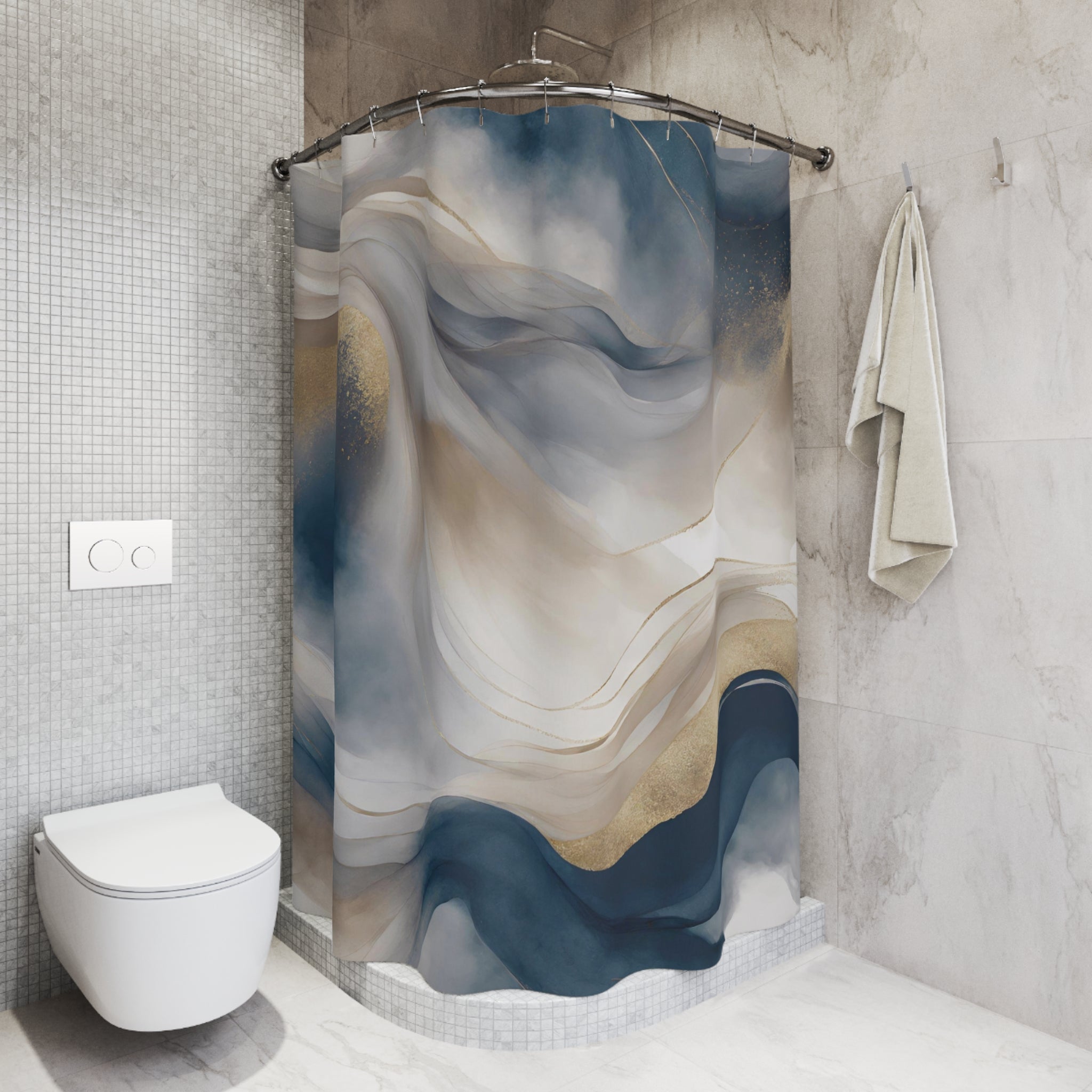 a white toilet sitting next to a shower curtain