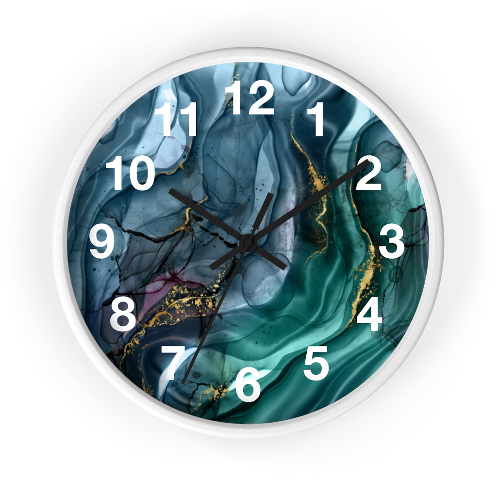 Marble Print, Navy Blue Green, Wood Wall Clock 10"