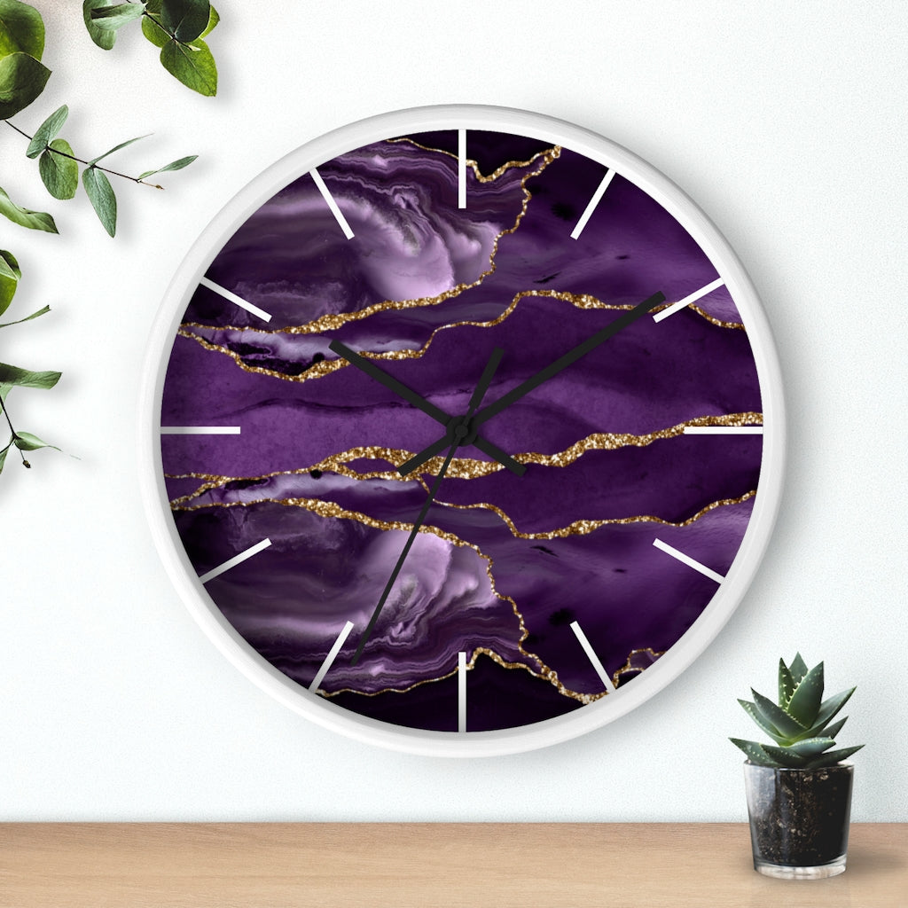 Marble Print, Wood, Wall Clock, Purple Gold 10"