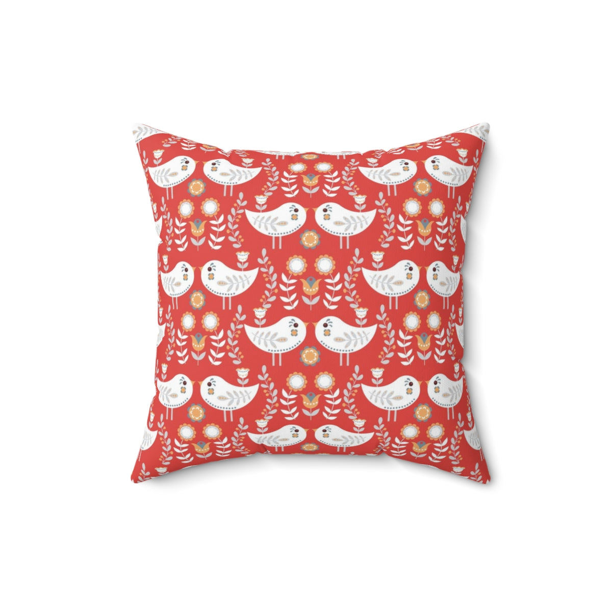 Scandi Nordic Boho Square Pillow Cover | White Red Birds Floral