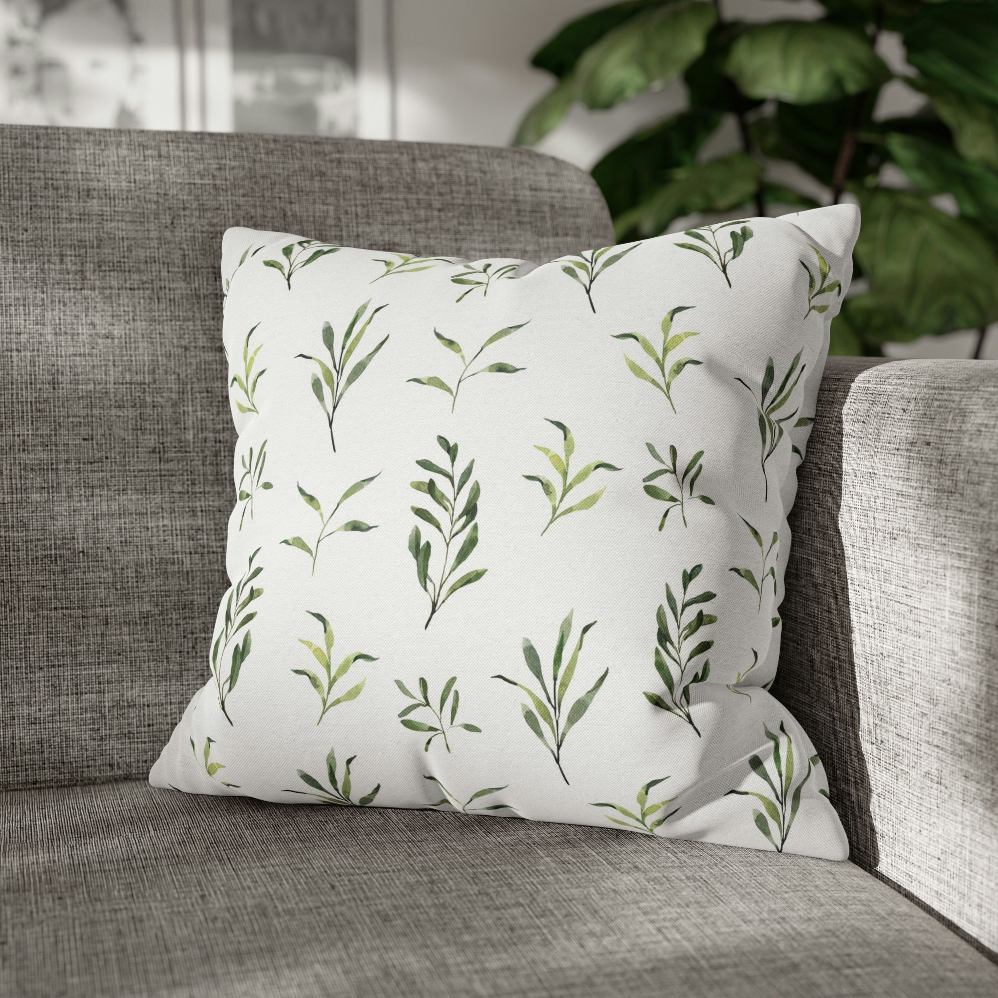Floral Pillow Cover | Sage Green Leaves, White
