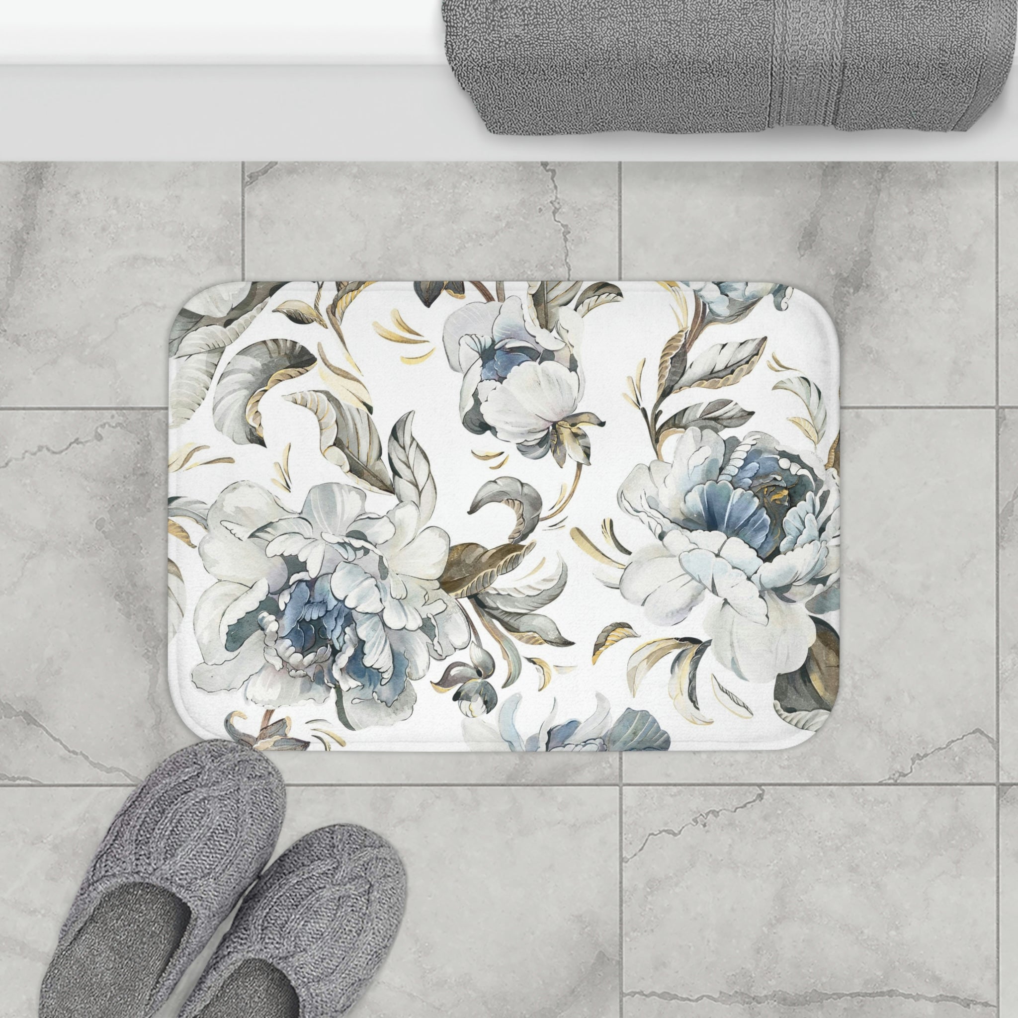 Boho Bath, Kitchen Mat | Vintage Floral Navy Blue Peonies