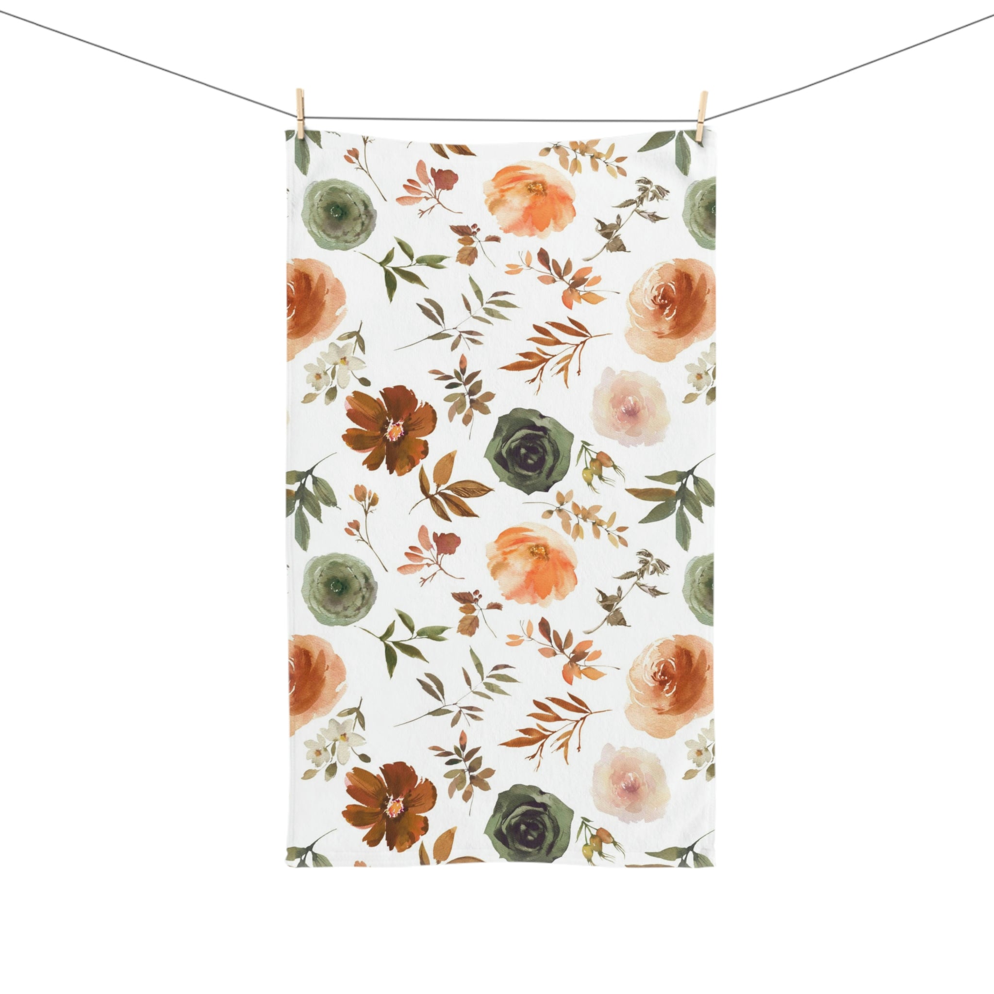 Floral Kitchen, Bath Hand Towel | Sage Green, Brown Beige, White