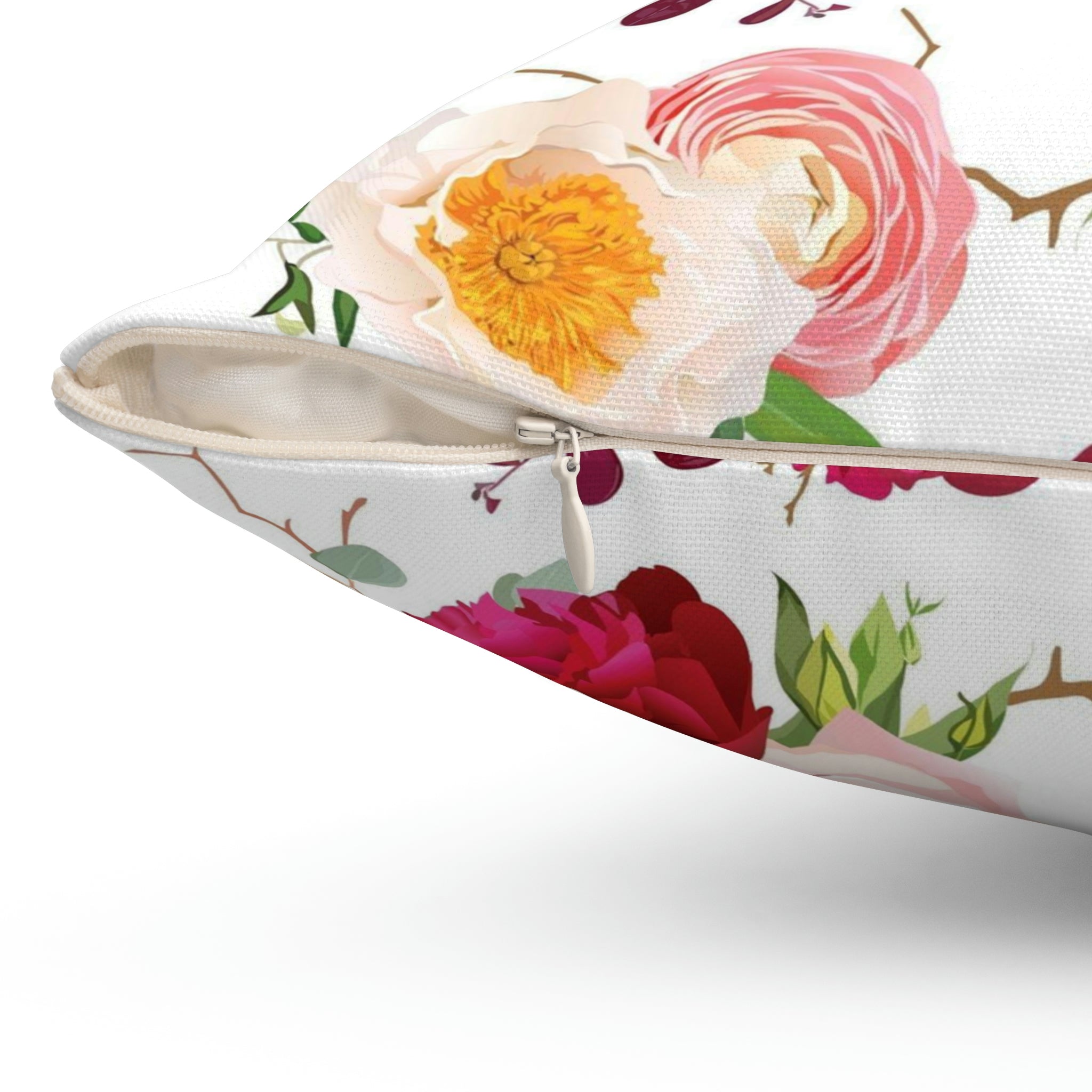 Floral Birds Pillow Cover | White Red Pink