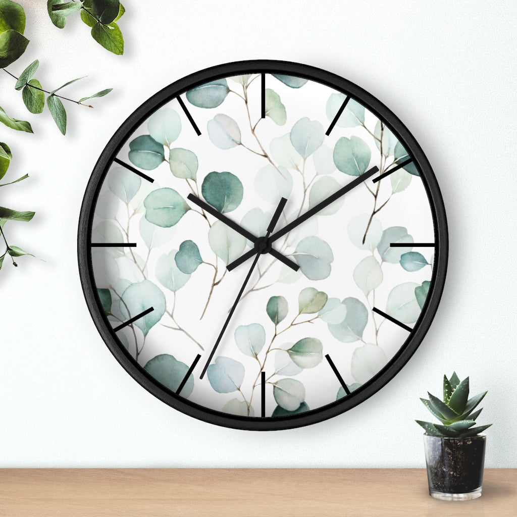 Wood, Floral Wall Clock, Eucalyptus 10"