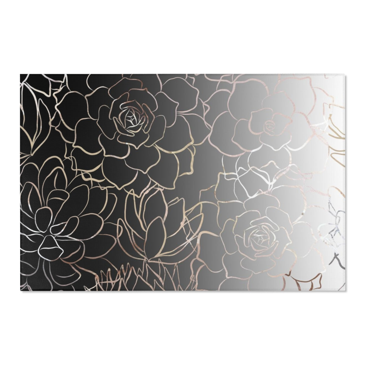 Floral Area Rug | Black White Ombre Gold Roses