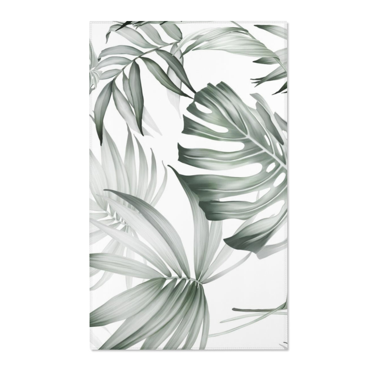 Floral Area Rug | Green Silver White Jungle Leaves