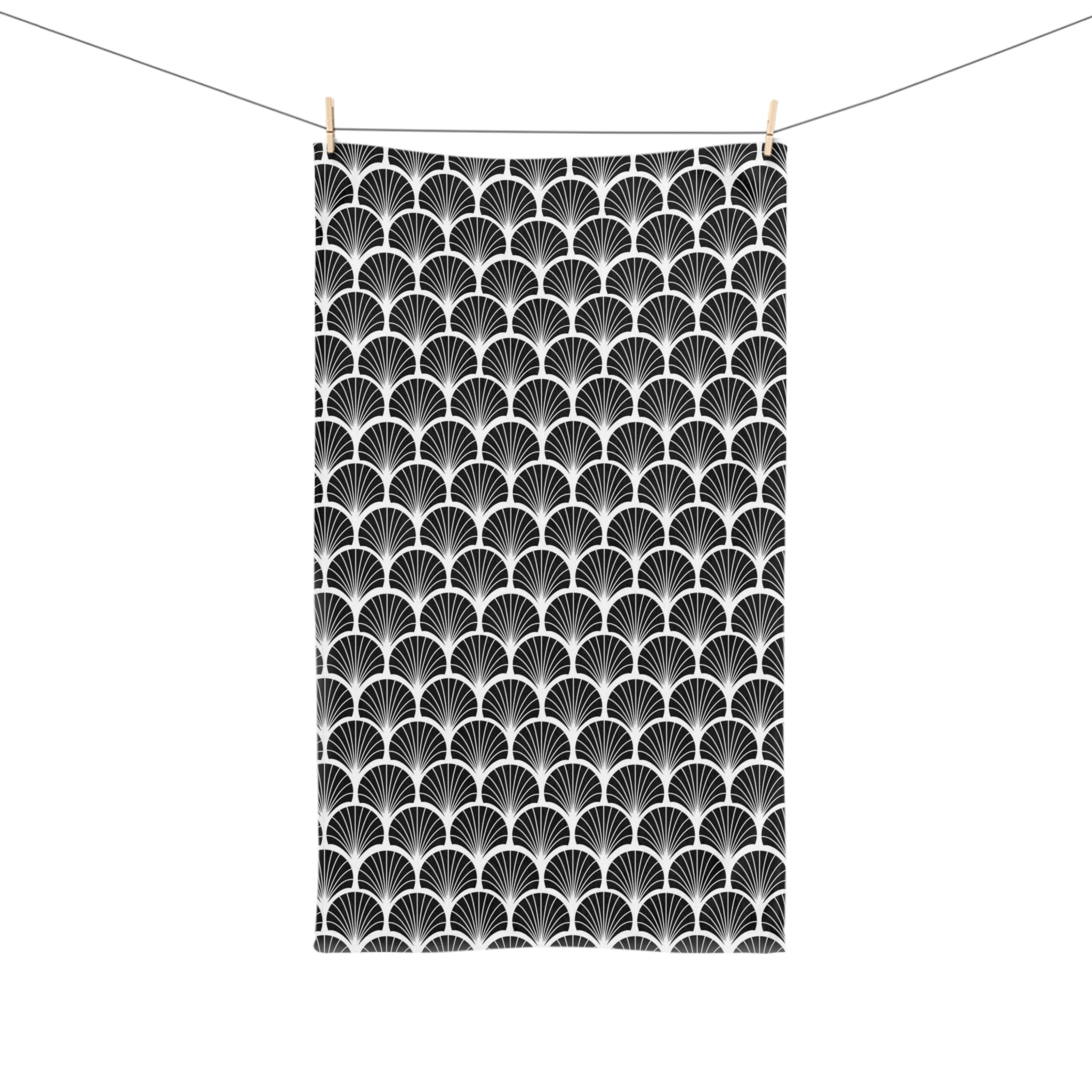 Kitchen, Bath Hand Towel | Art Deco Black and White Fan Shell