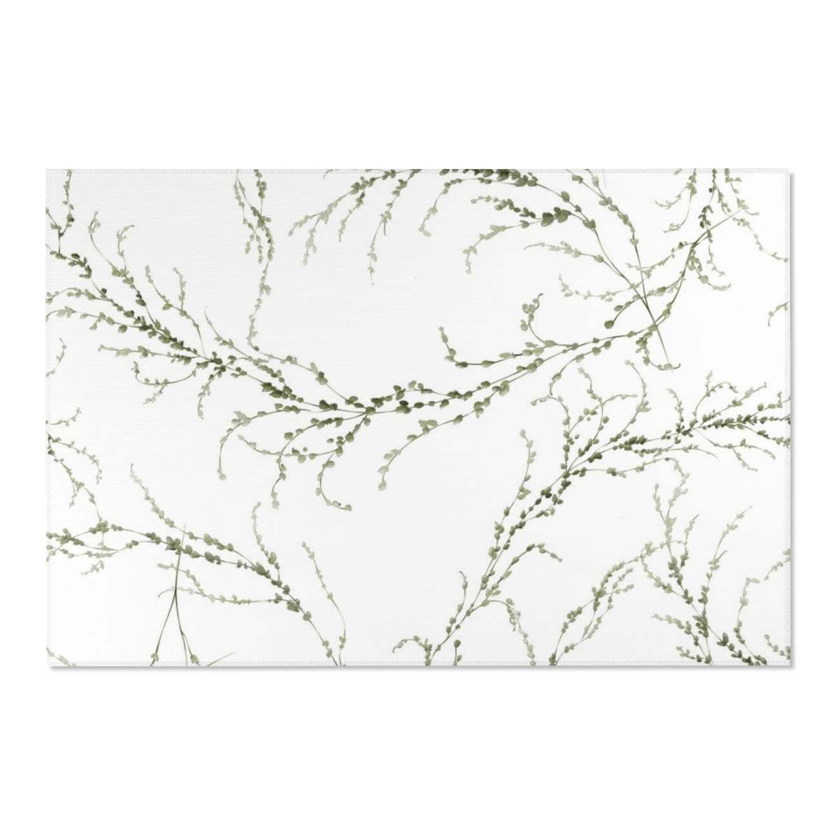 Floral Area Rug | White Delicate Green Leaves