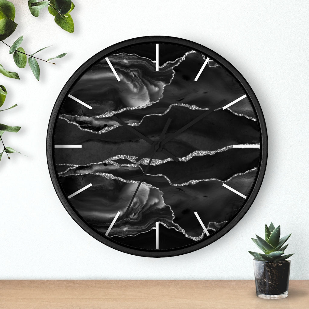 Marble Print, Wood, Wall Clock, Black Silver 10"