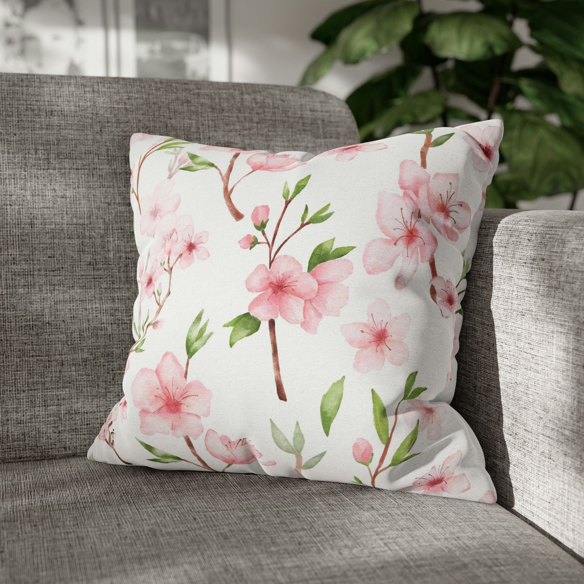 Floral Boho Pillow Cover | Pink Green Sakura Watercolor