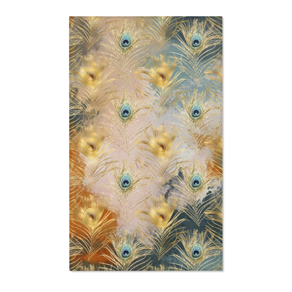 Boho Area Rug | Gold Navy Rust Feathers