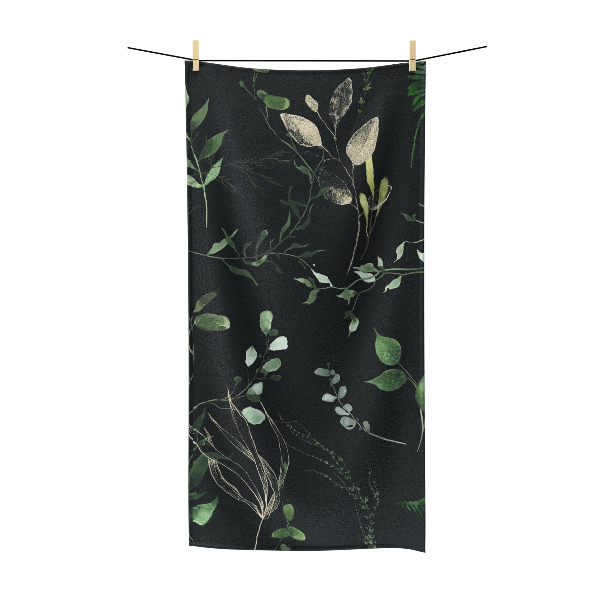 Floral Boho Bath Beach Towel | Jungle Black Sage Green Leaves