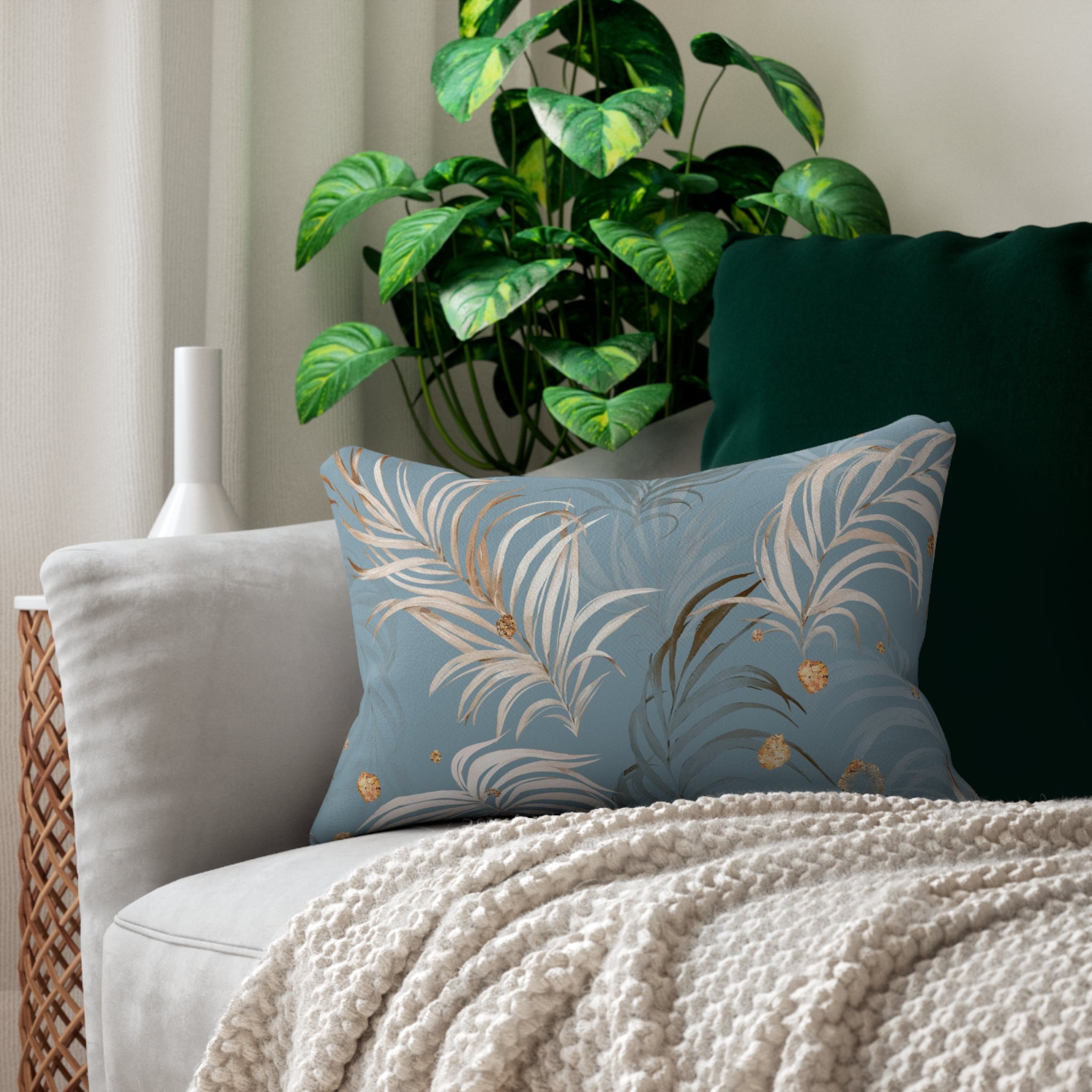 Floral Boho Lumbar Pillow | Blue Beige, Ivory Palm Leaves