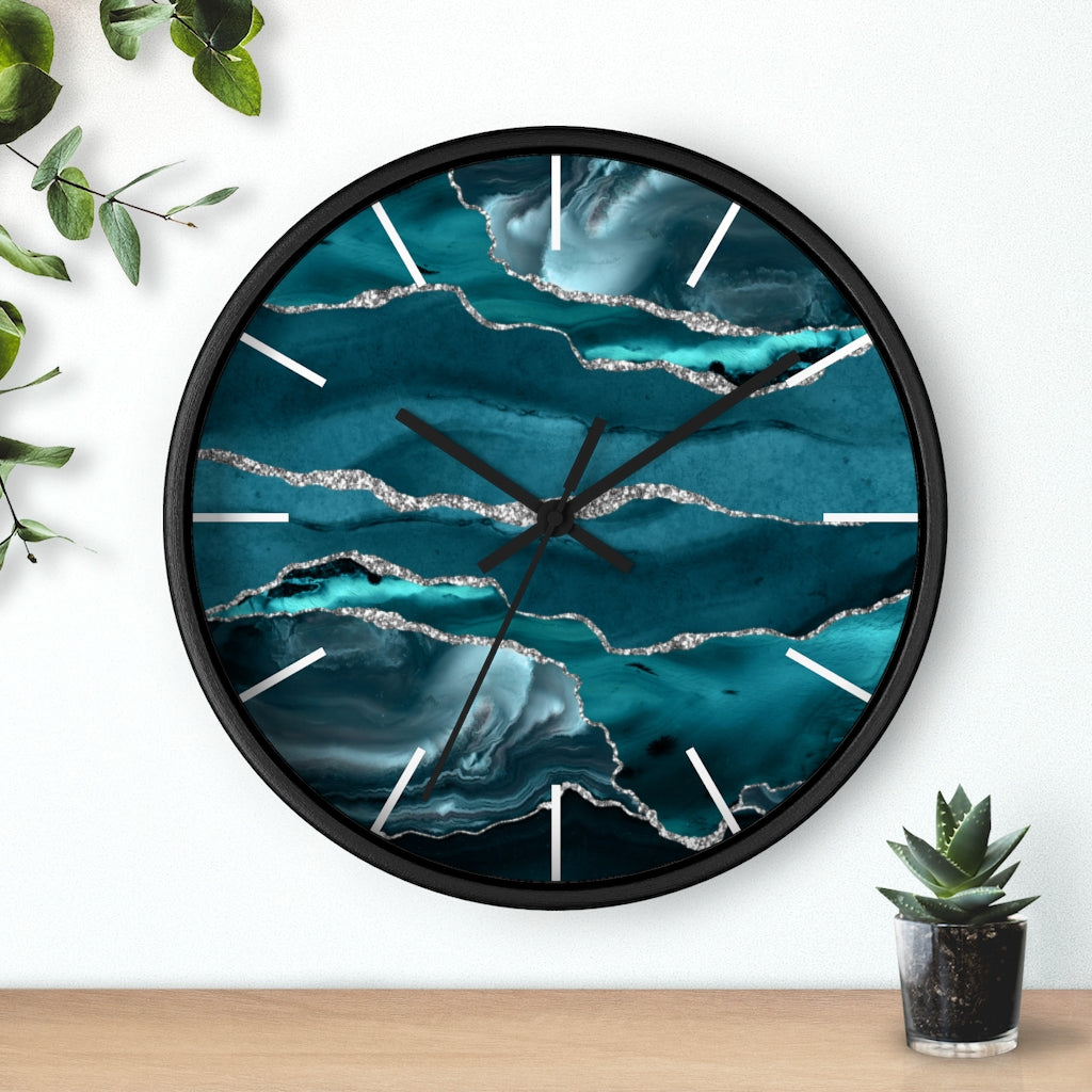 Marble Print, Wood, Wall Clock, Teal Silver 10"